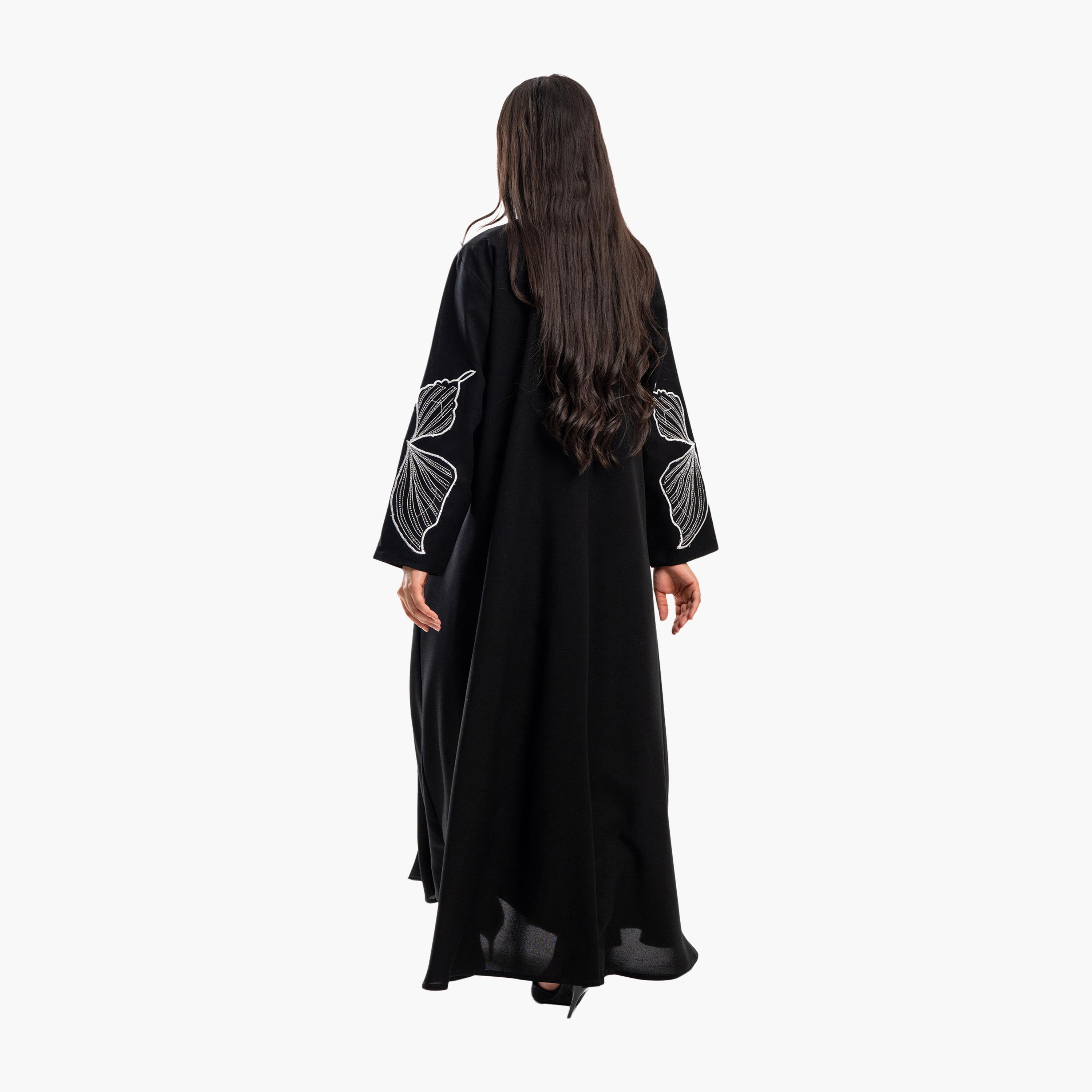 Zahiyh Black Butterfly Embroidered Sleeves Flared Abaya-women-arabicclothing-abayas-image-3