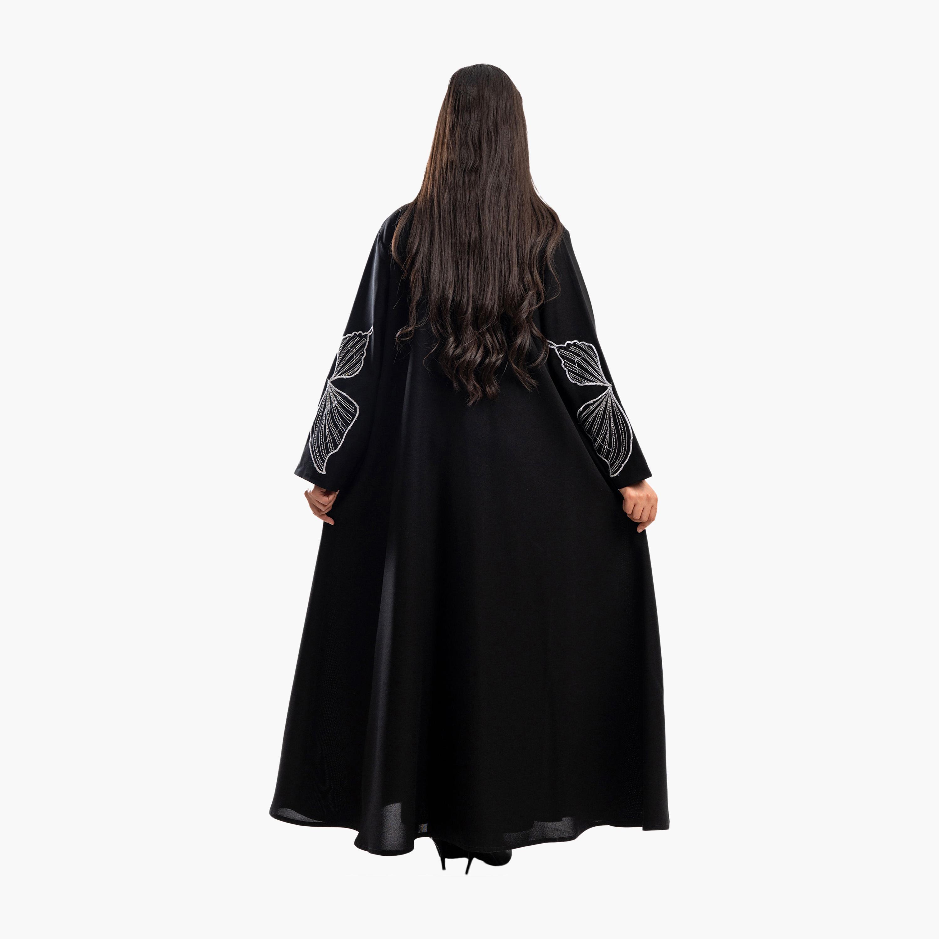 Zahiyh Black Butterfly Embroidered Sleeves Flared Abaya-women-arabicclothing-abayas-image-4