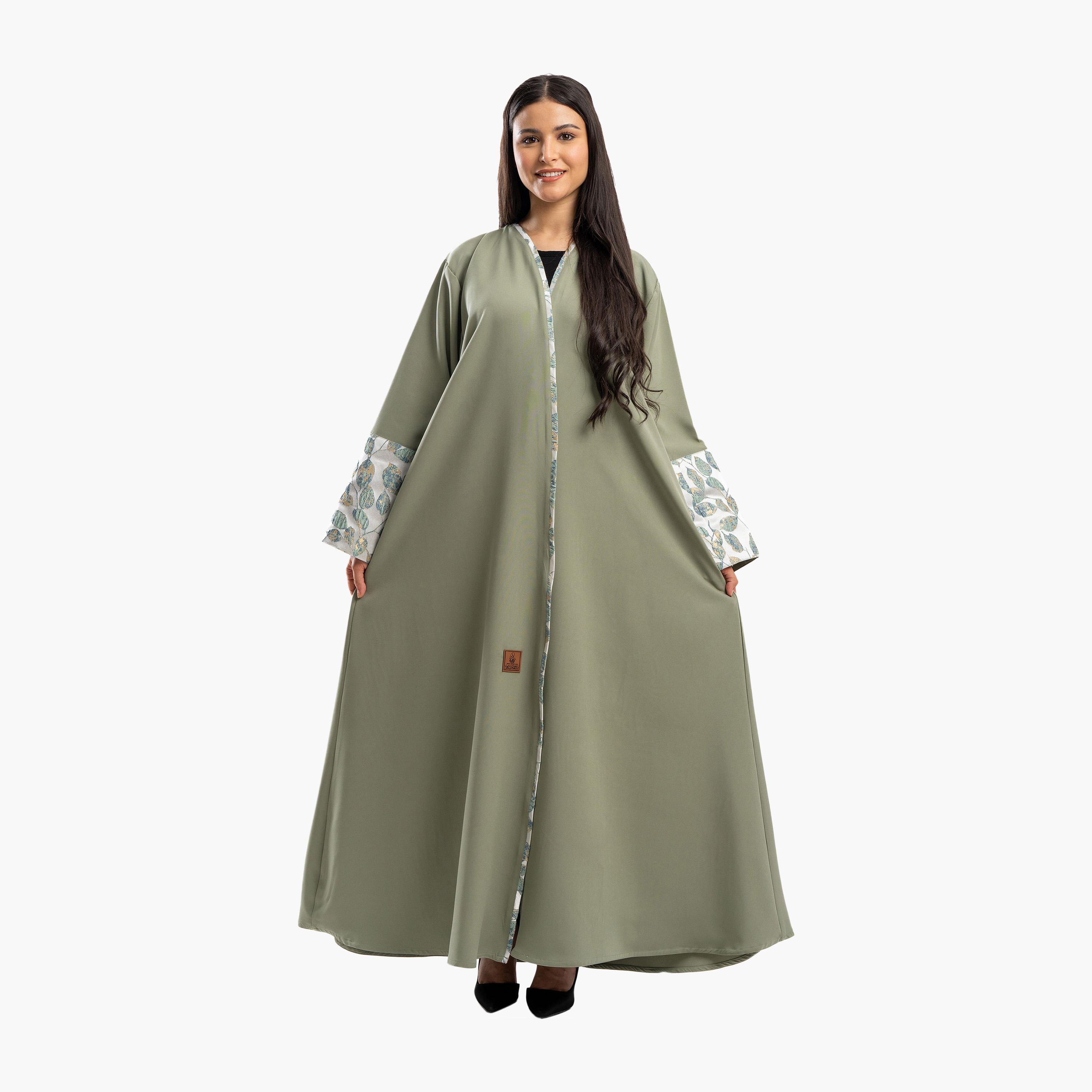 Zahiyh Olive Leaf Wide Sleeves Flared Abaya-women-arabicclothing-abayas-image-1