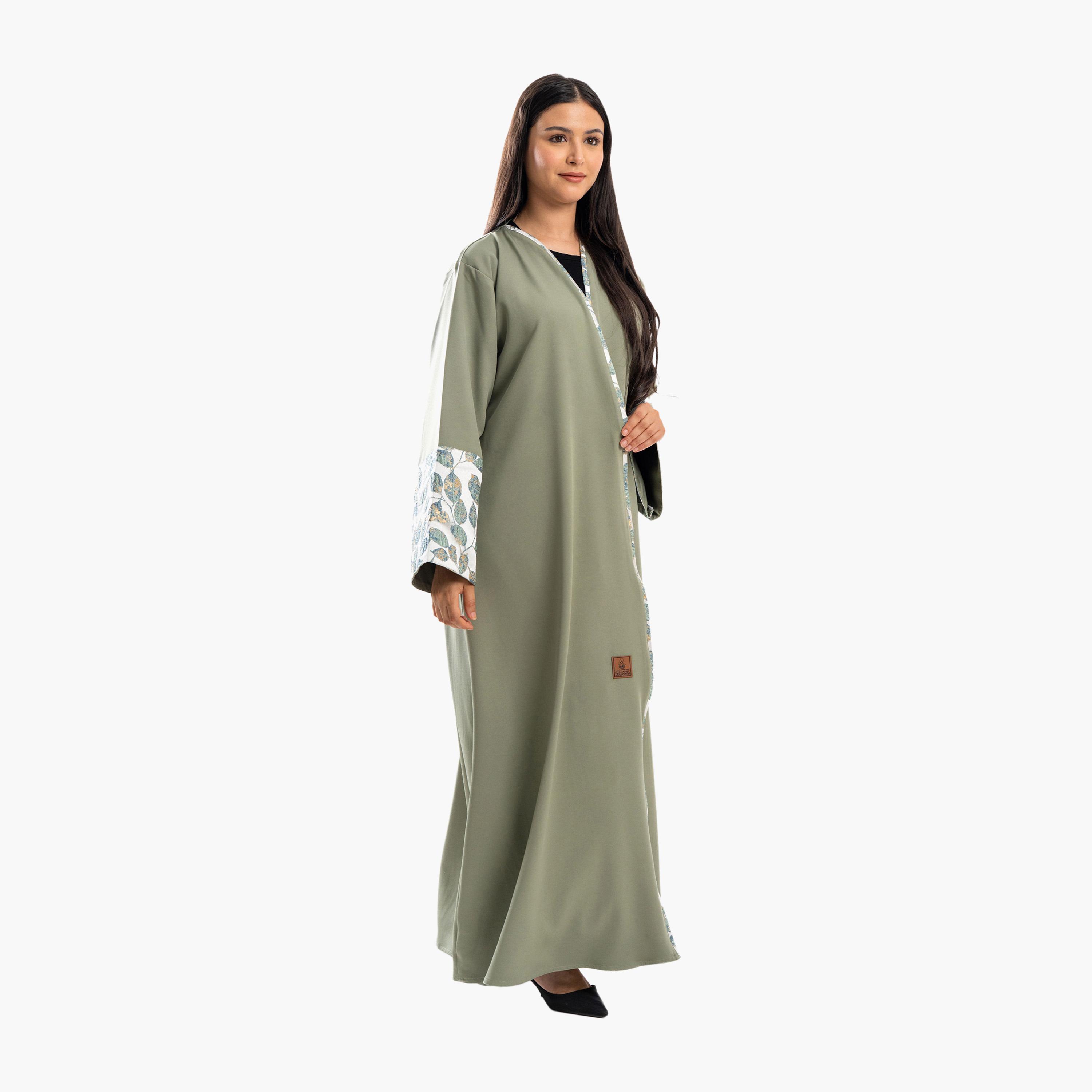 Zahiyh Olive Leaf Wide Sleeves Flared Abaya-women-arabicclothing-abayas-image-2