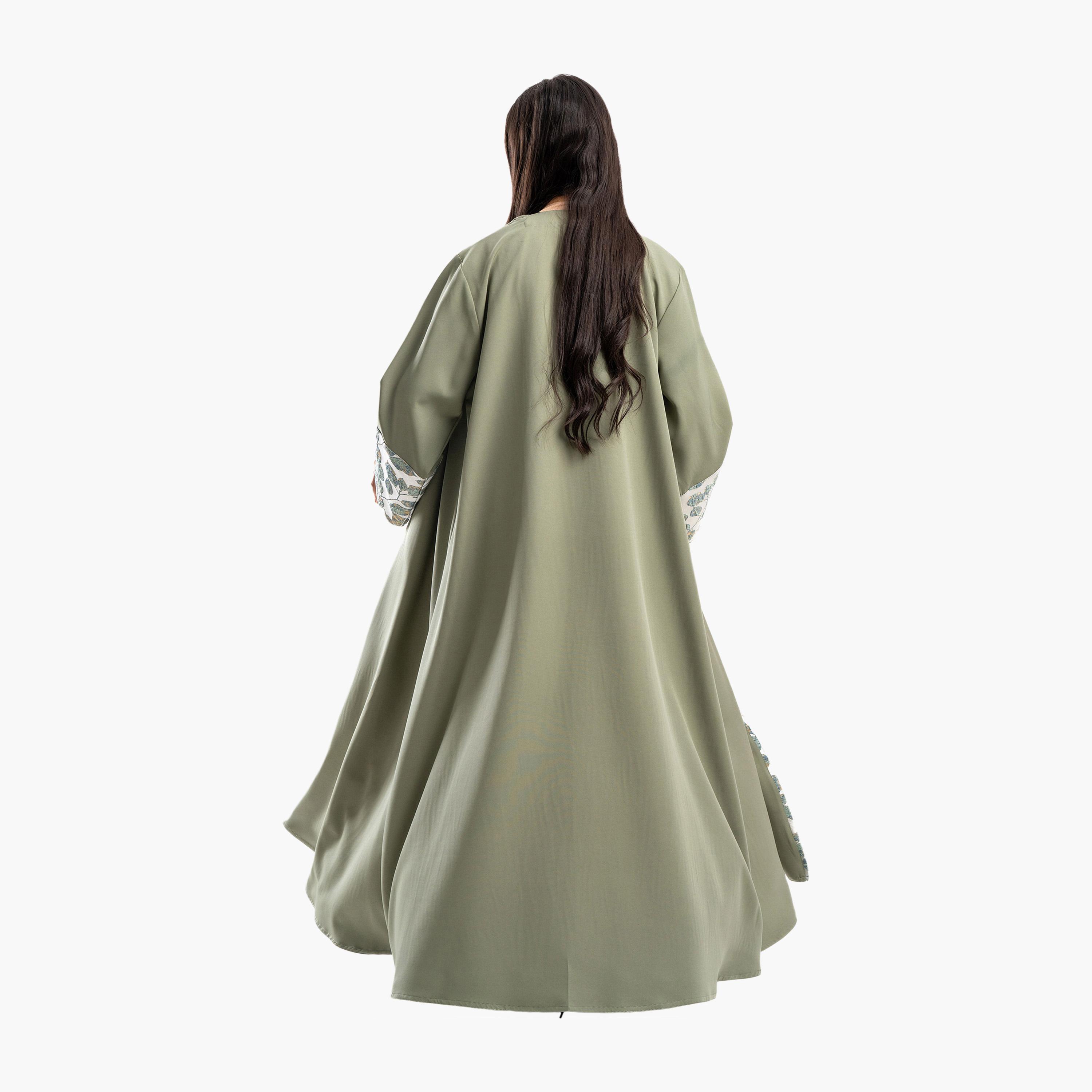 Zahiyh Olive Leaf Wide Sleeves Flared Abaya-women-arabicclothing-abayas-image-4