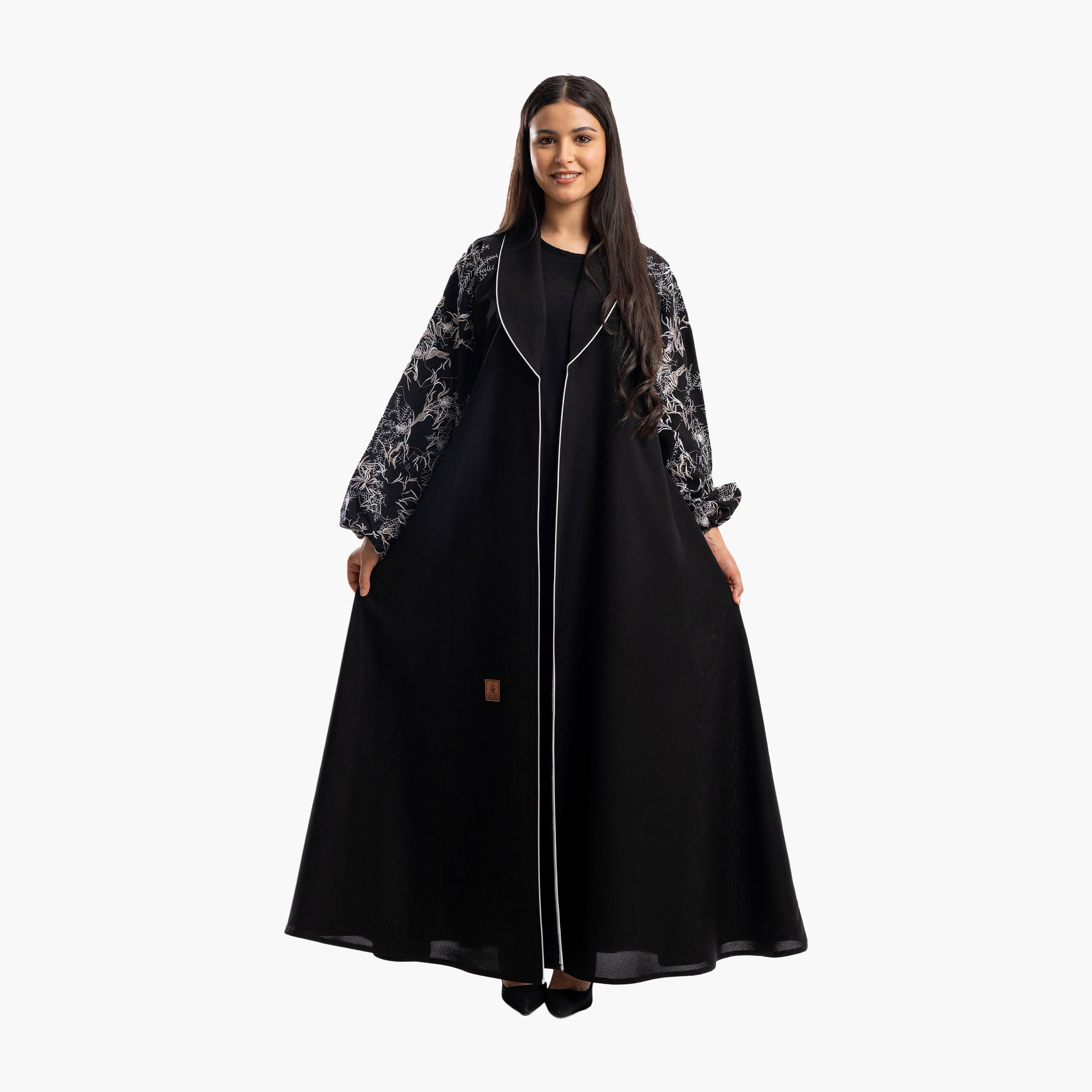 Zahiyh Black Lapel Collar Embroidered Balloon Sleeves Formal Flared Abaya-women-arabicclothing-abayas-image-1