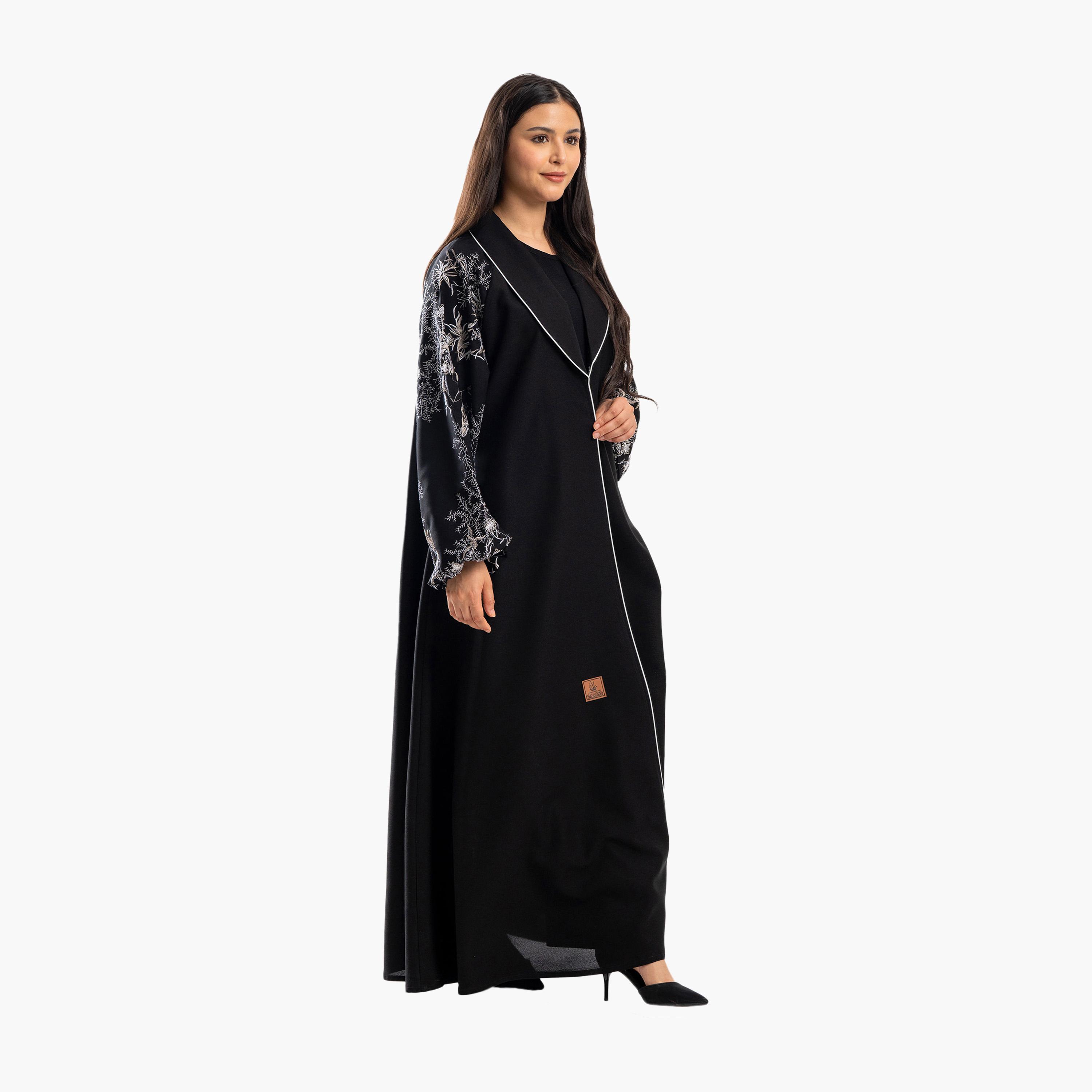 Zahiyh Black Lapel Collar Embroidered Balloon Sleeves Formal Flared Abaya-women-arabicclothing-abayas-image-2