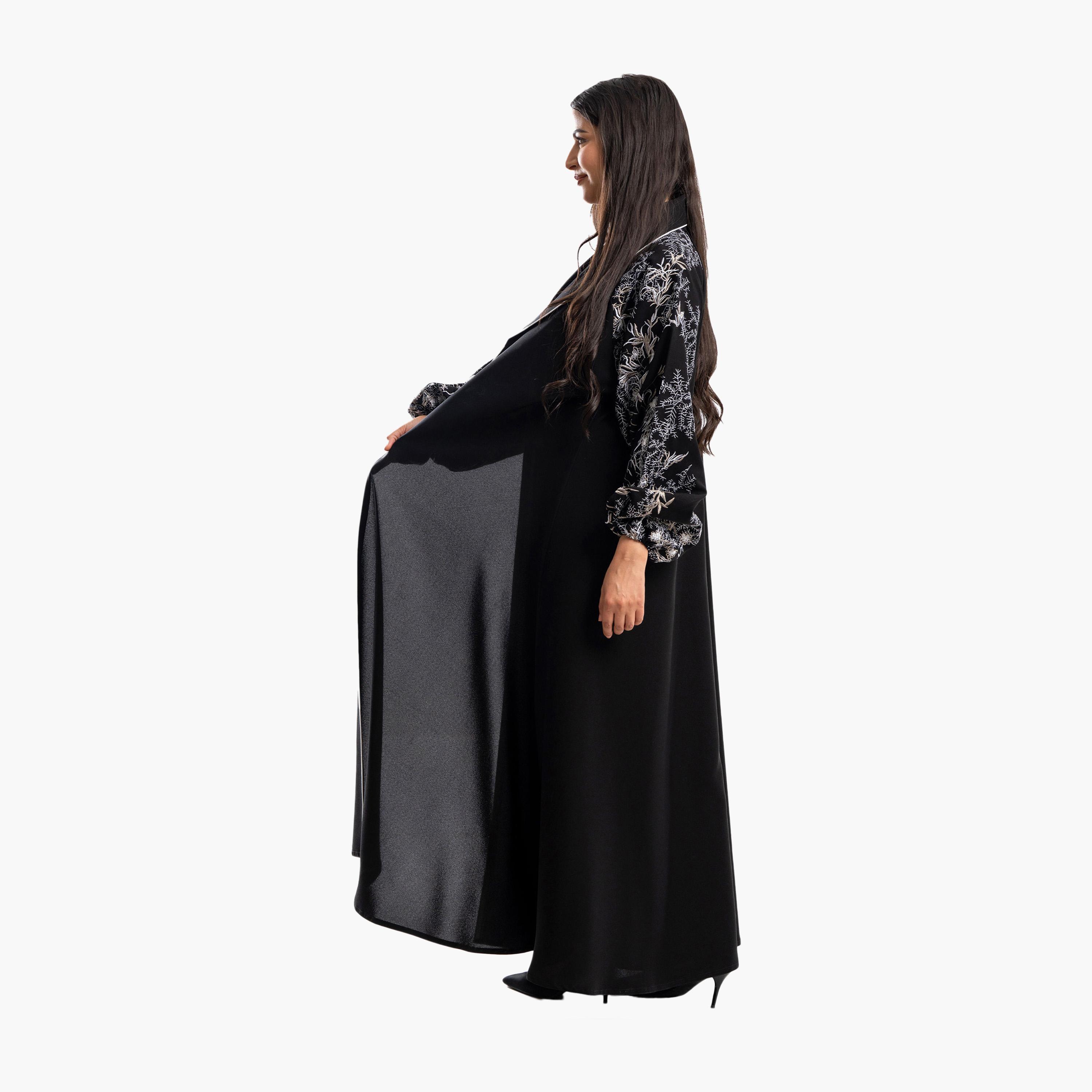 Zahiyh Black Lapel Collar Embroidered Balloon Sleeves Formal Flared Abaya-women-arabicclothing-abayas-image-3