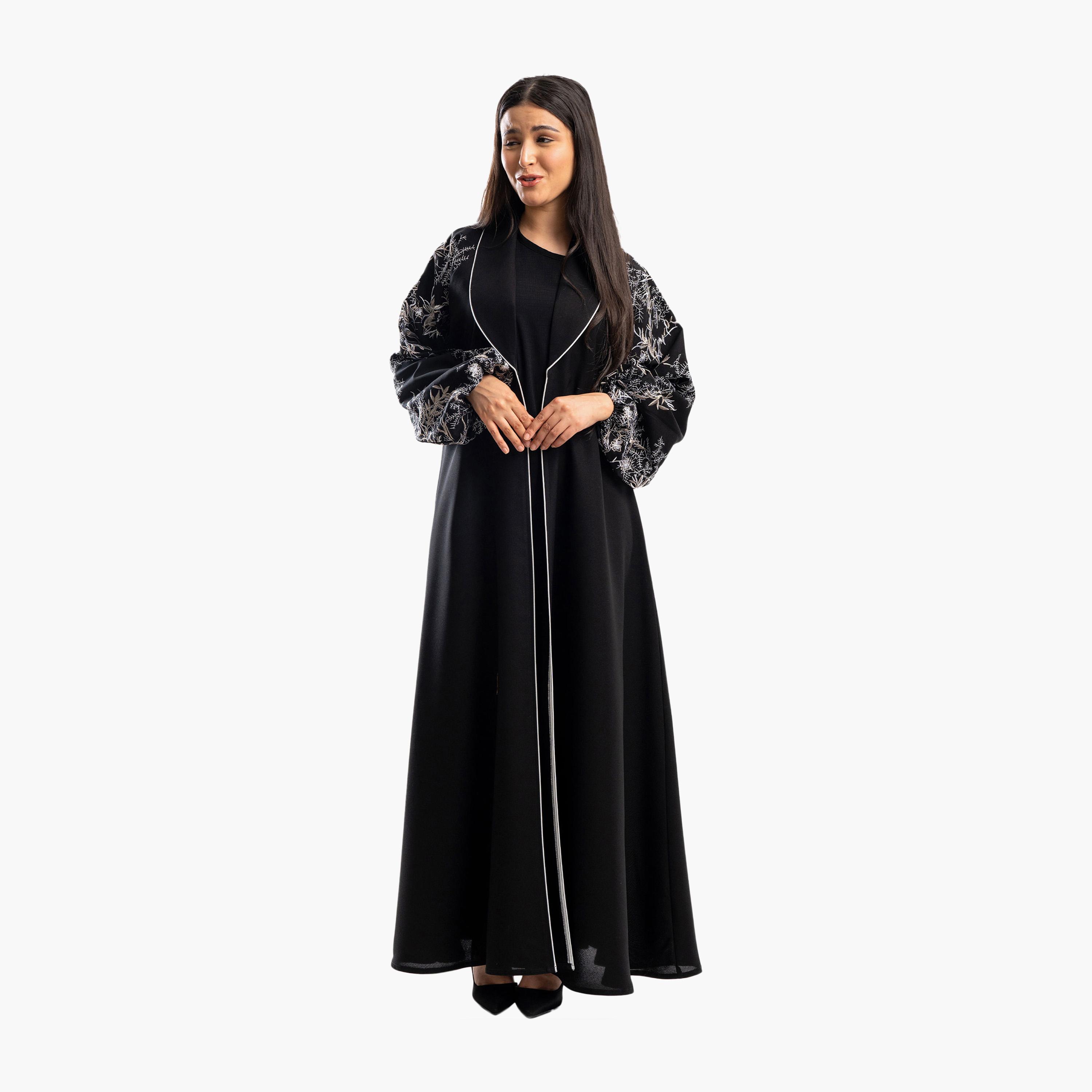 Zahiyh Black Lapel Collar Embroidered Balloon Sleeves Formal Flared Abaya-women-arabicclothing-abayas-image-4