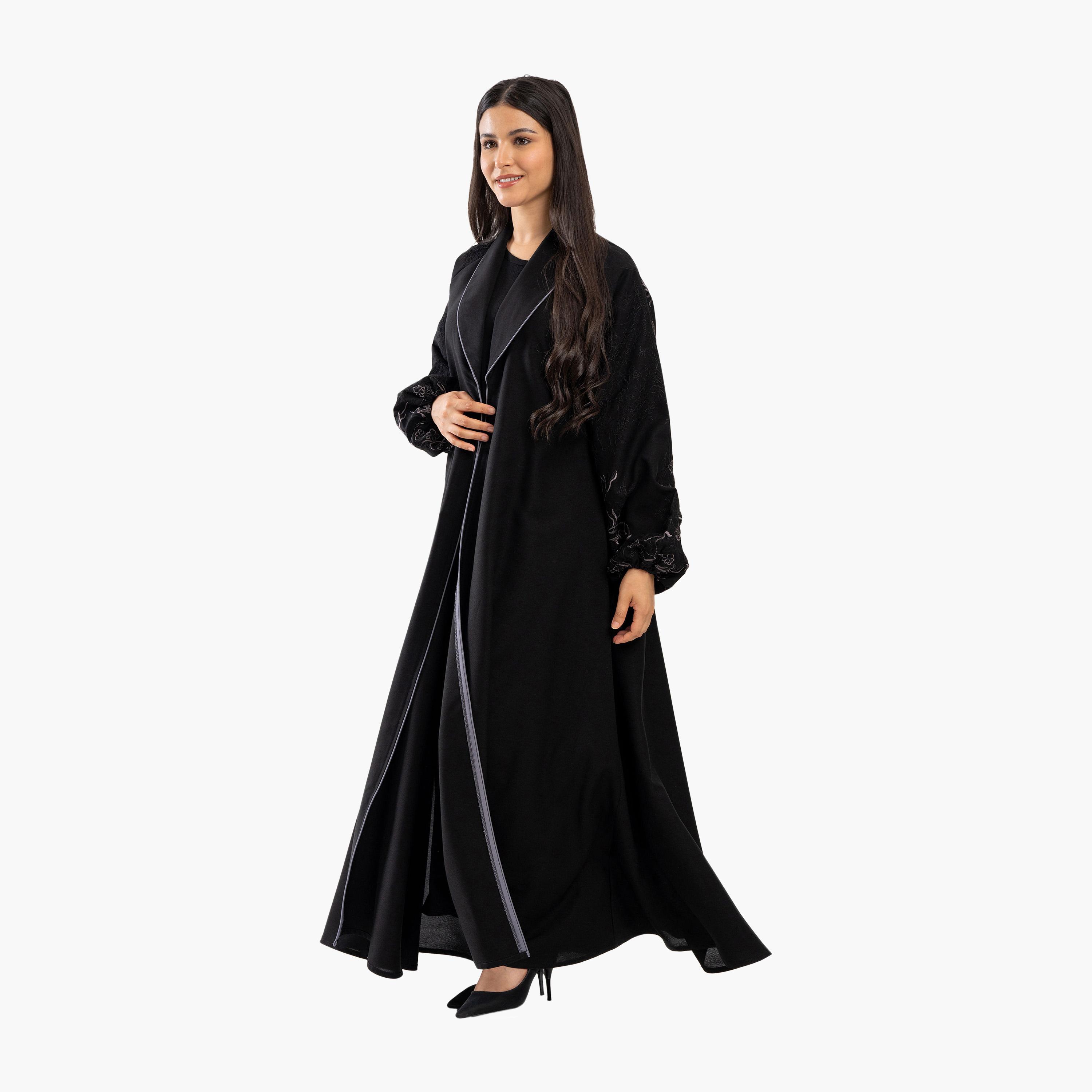 Zahiyh Black Lapel Collar Embroidered Balloon Sleeves Formal Flared Abaya-women-arabicclothing-abayas-image-1