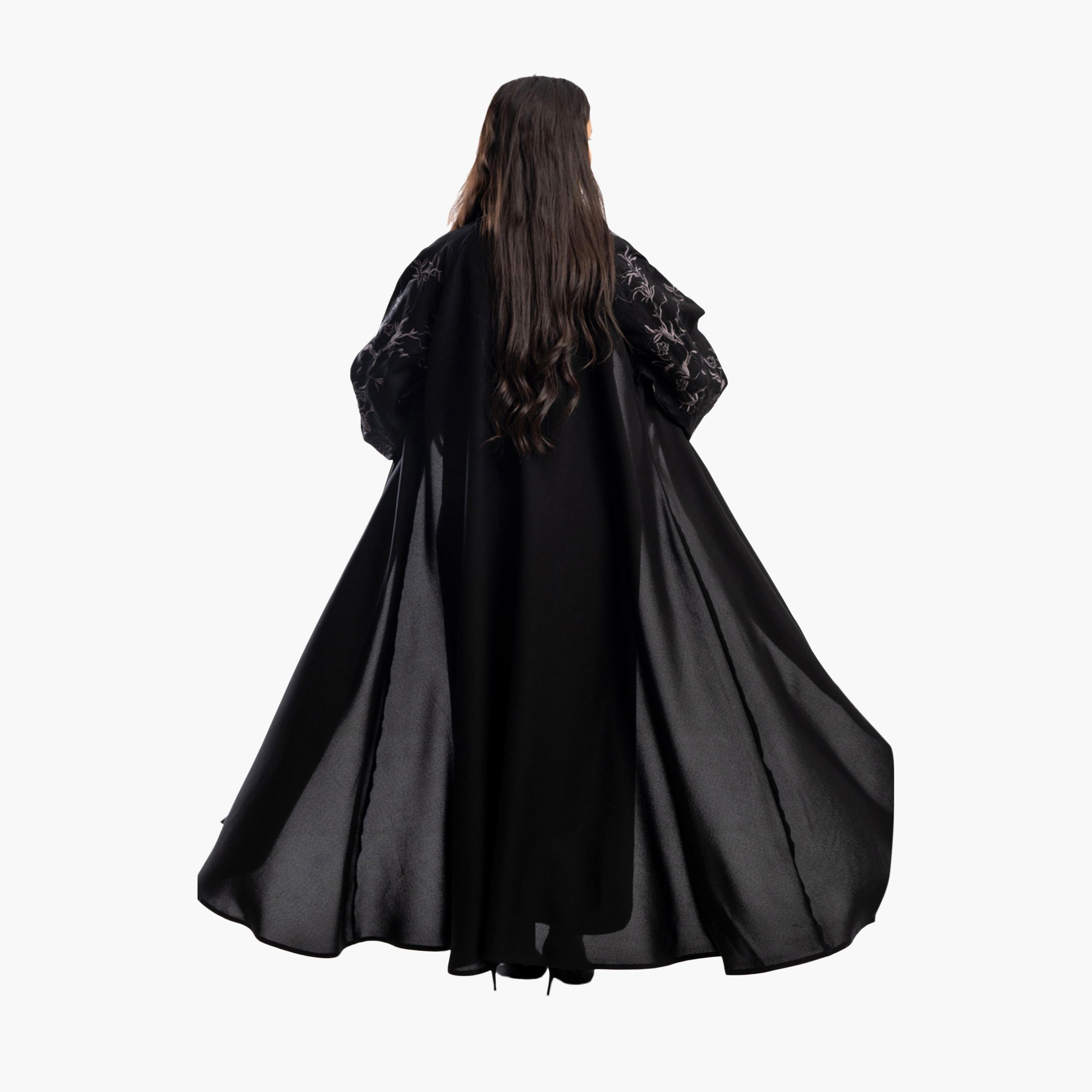 Zahiyh Black Lapel Collar Embroidered Balloon Sleeves Formal Flared Abaya-women-arabicclothing-abayas-image-2