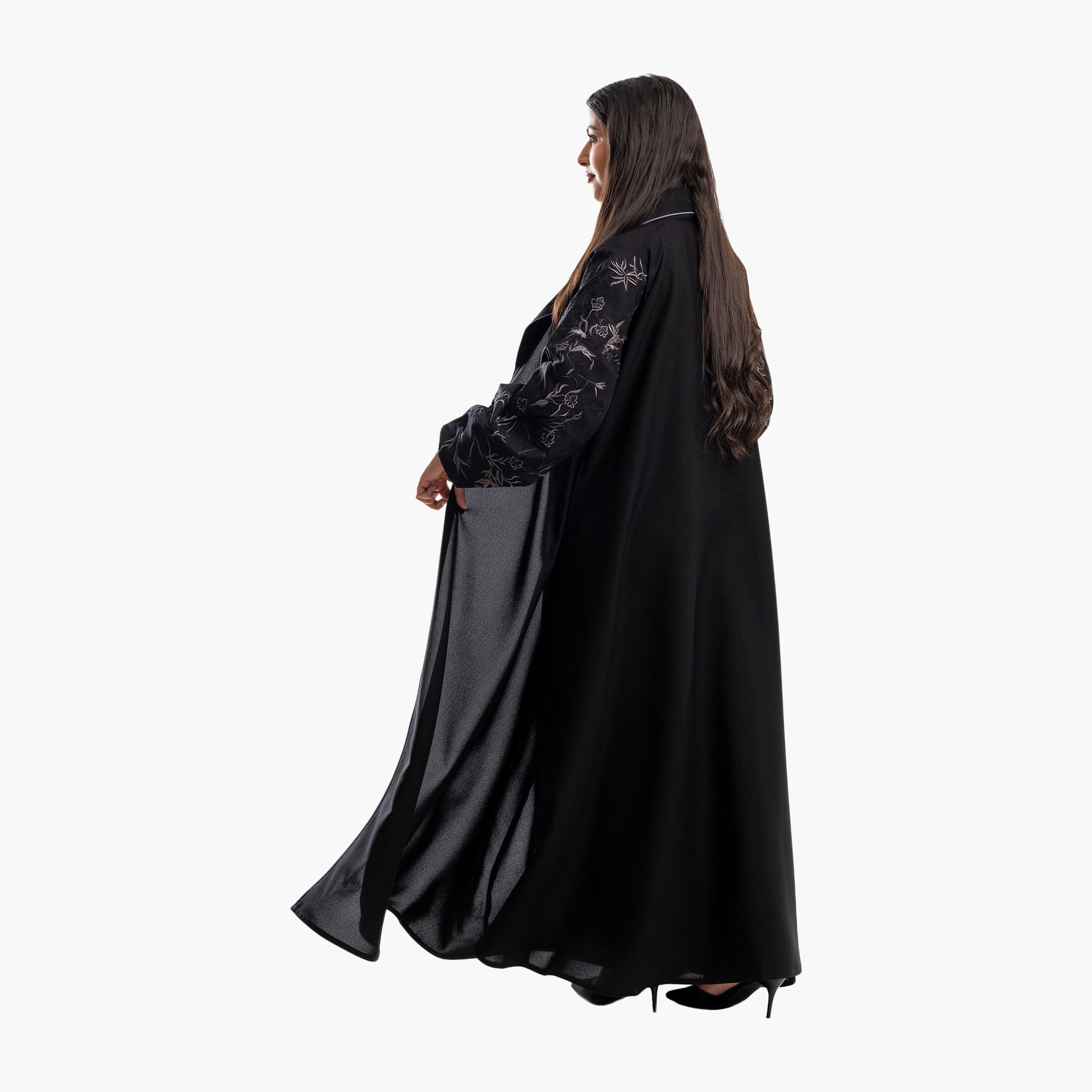Zahiyh Black Lapel Collar Embroidered Balloon Sleeves Formal Flared Abaya-women-arabicclothing-abayas-image-3