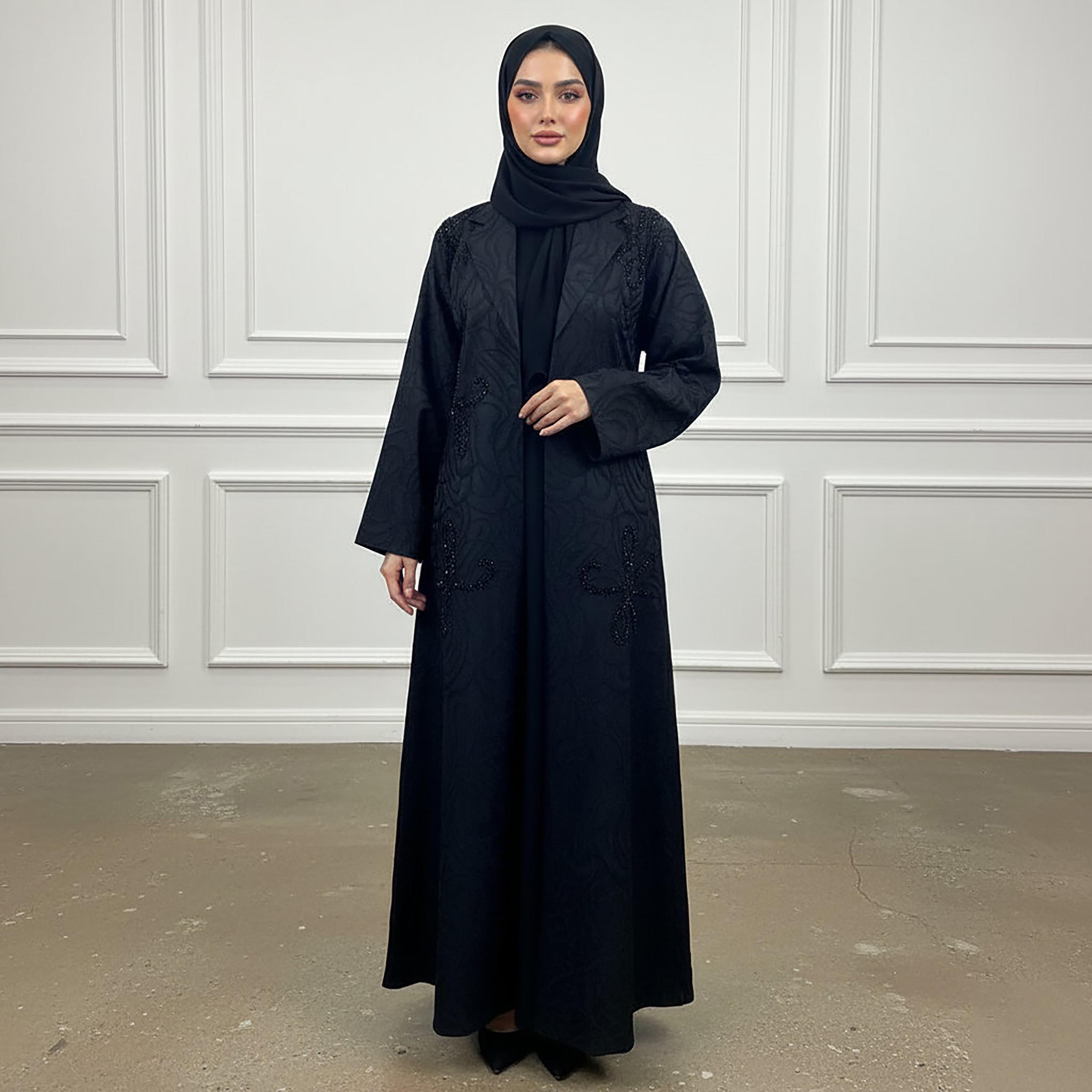 Nukhbaa Black Abstract Embroidered Lapel Collar Women's Abaya with Hijab-women-arabicclothing-abayas-image-1