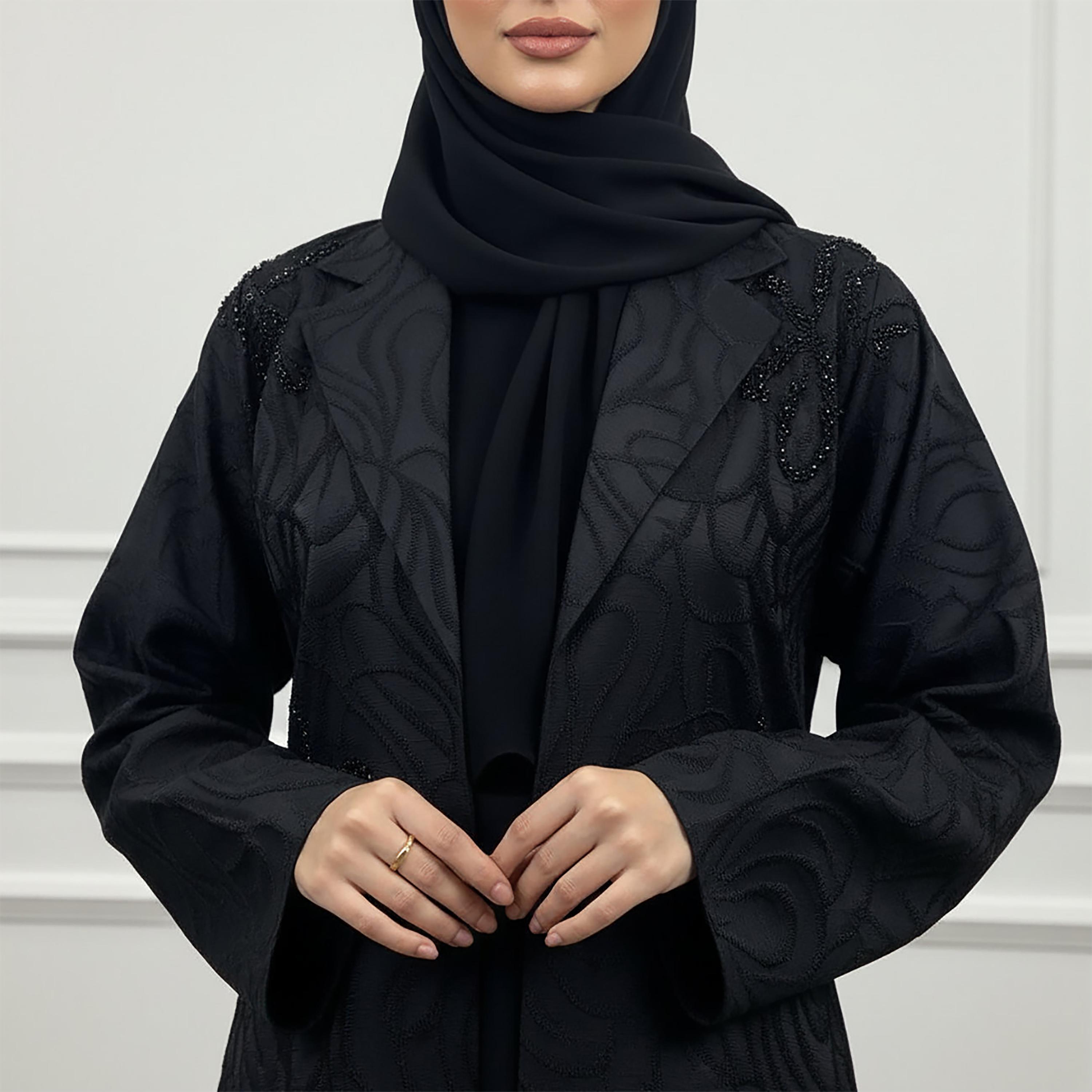 Nukhbaa Black Abstract Embroidered Lapel Collar Women's Abaya with Hijab-women-arabicclothing-abayas-image-2