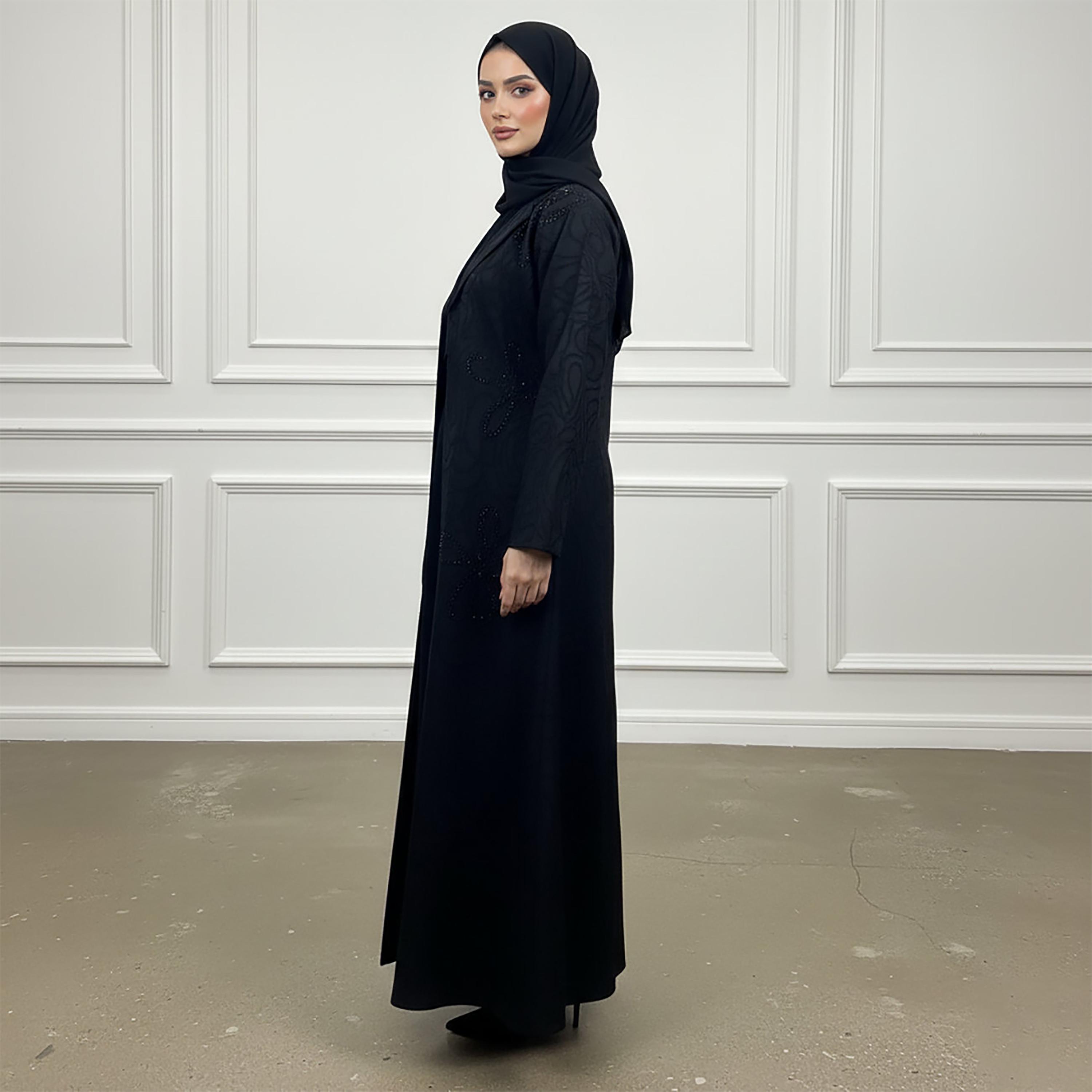 Nukhbaa Black Abstract Embroidered Lapel Collar Women's Abaya with Hijab-women-arabicclothing-abayas-image-3