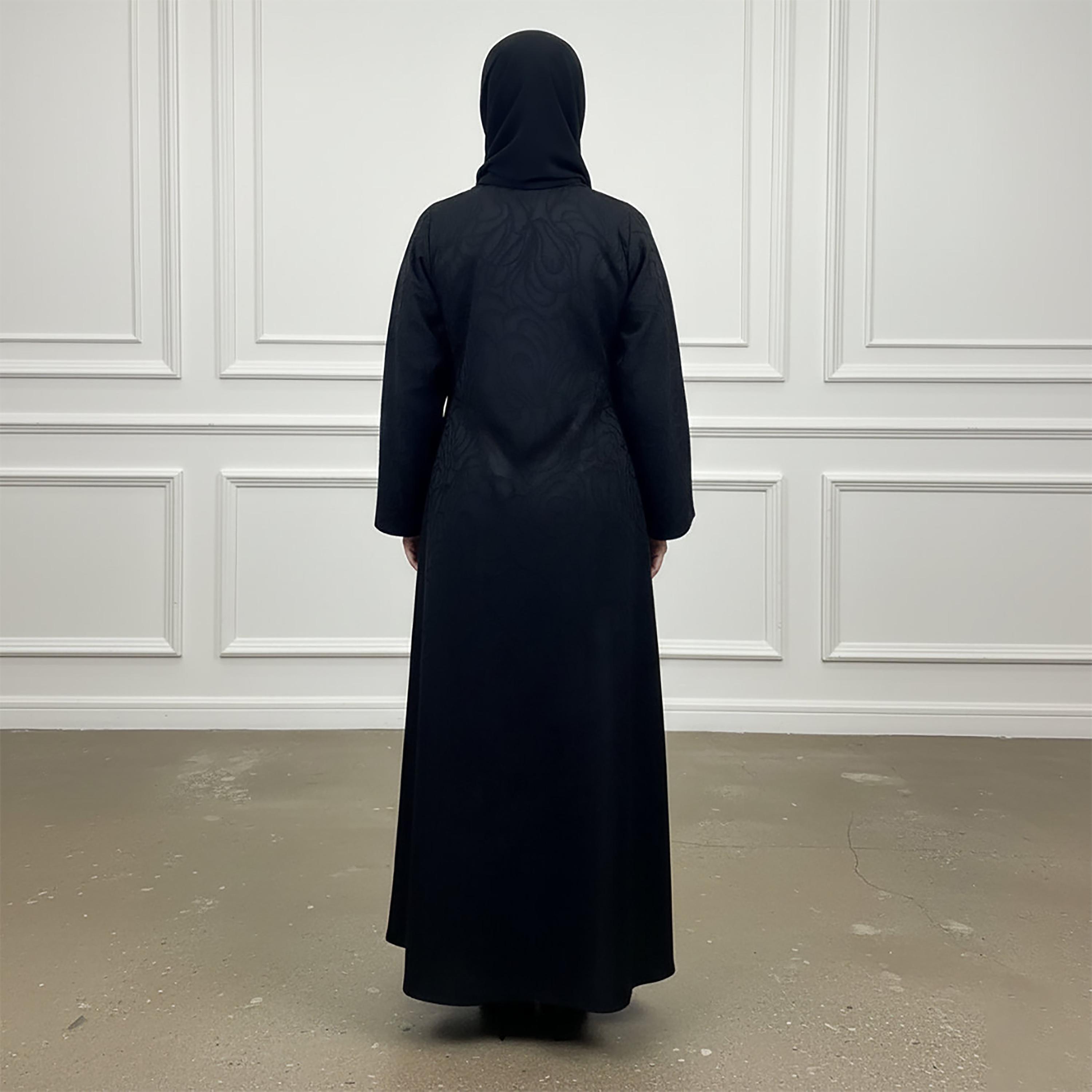 Nukhbaa Black Abstract Embroidered Lapel Collar Women's Abaya with Hijab-women-arabicclothing-abayas-image-4