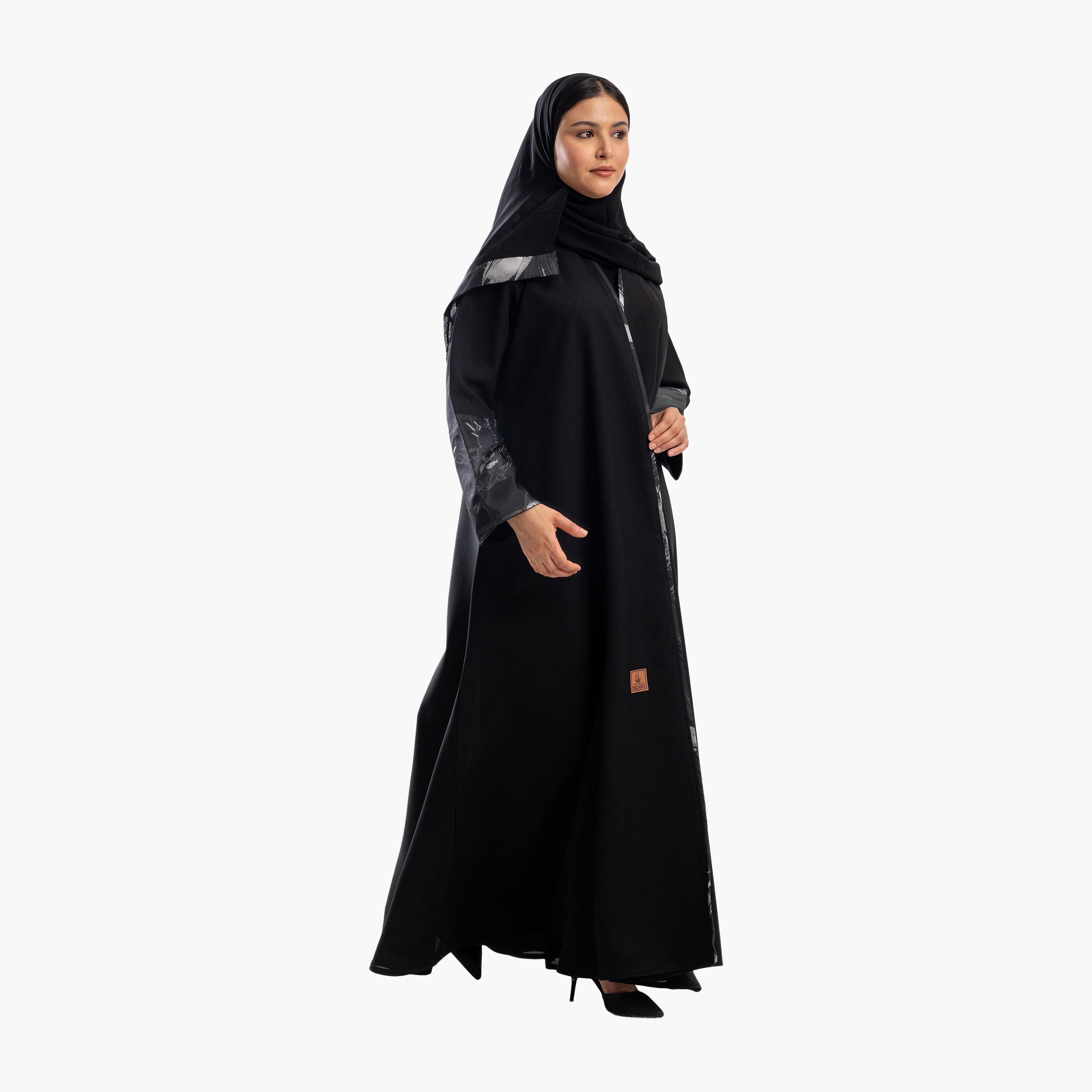 Zahiyh Black Dual Tone Sleeves Flared Abaya with Hijab-women-arabicclothing-abayas-image-1