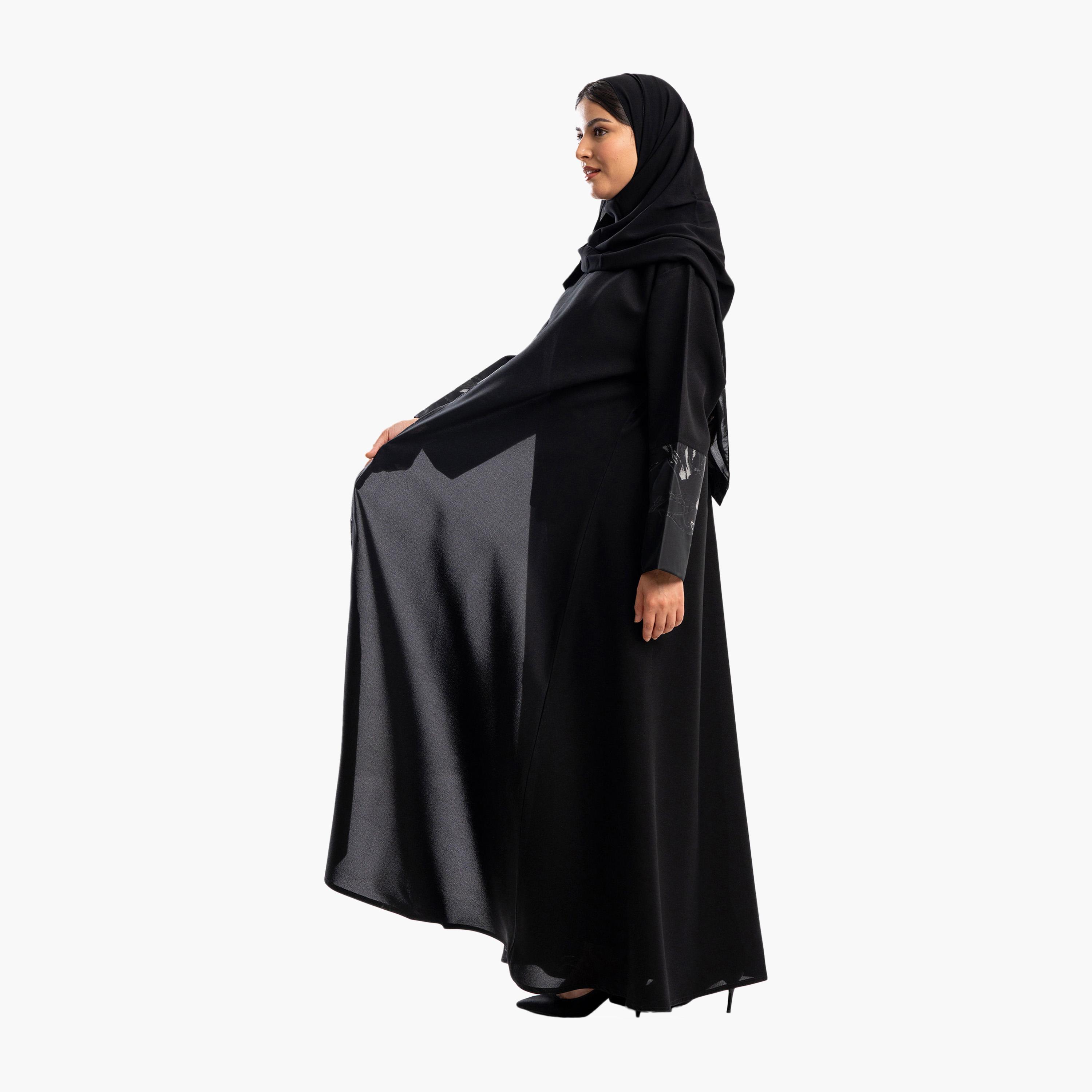 Zahiyh Black Dual Tone Sleeves Flared Abaya with Hijab-women-arabicclothing-abayas-image-2