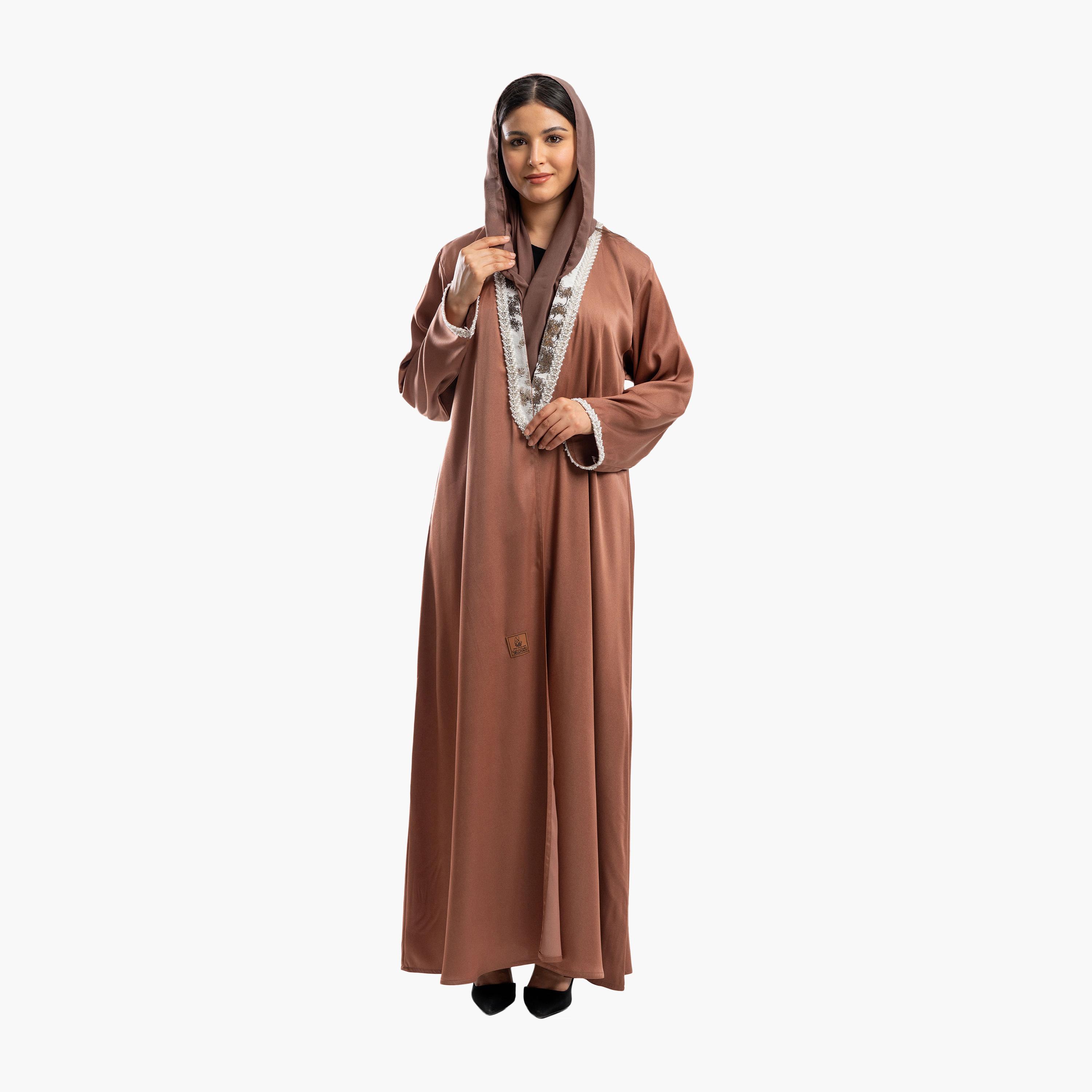Zahiyh Brown Pearl Detailed Flared Abaya with Hijab-women-arabicclothing-abayas-image-1