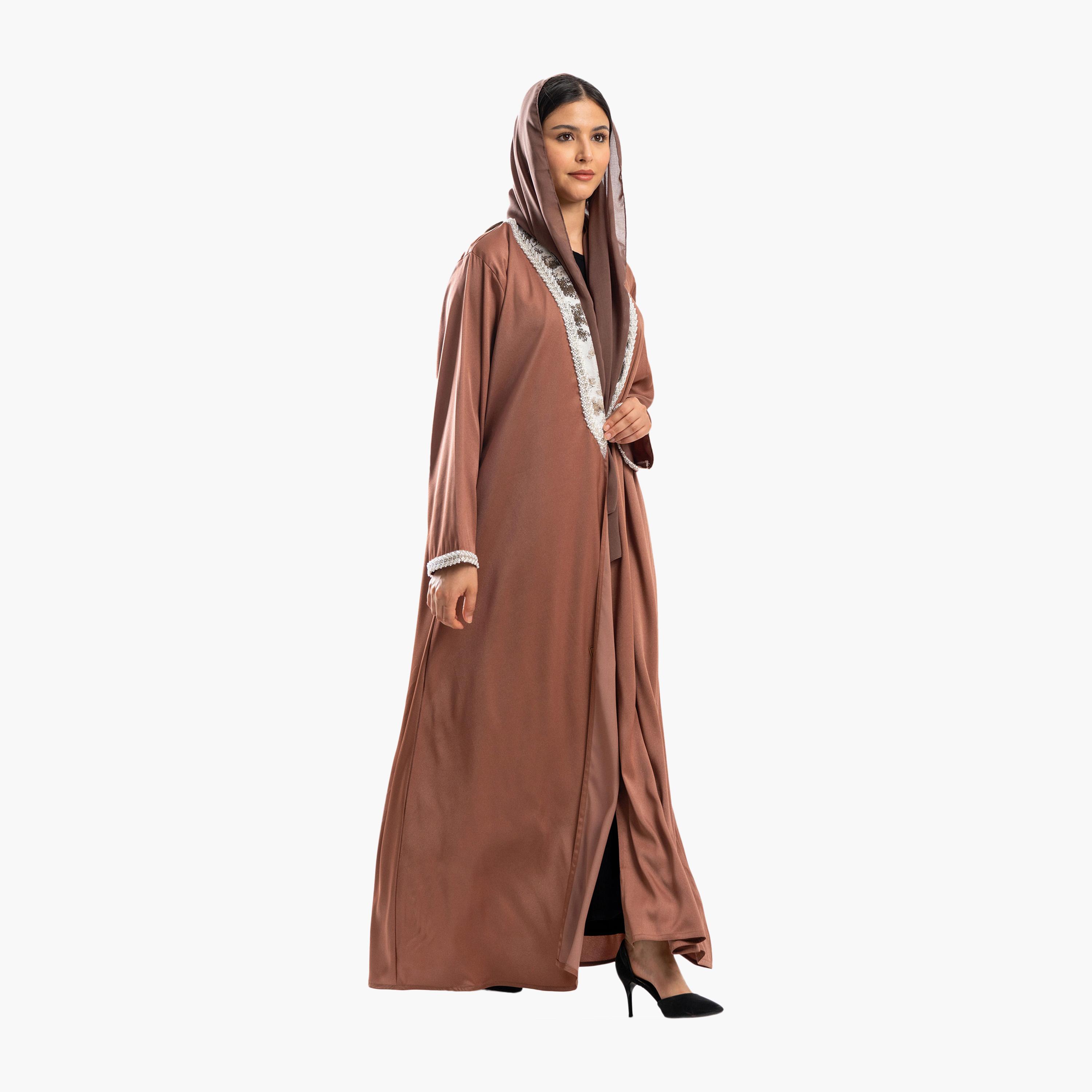 Zahiyh Brown Pearl Detailed Flared Abaya with Hijab-women-arabicclothing-abayas-image-2