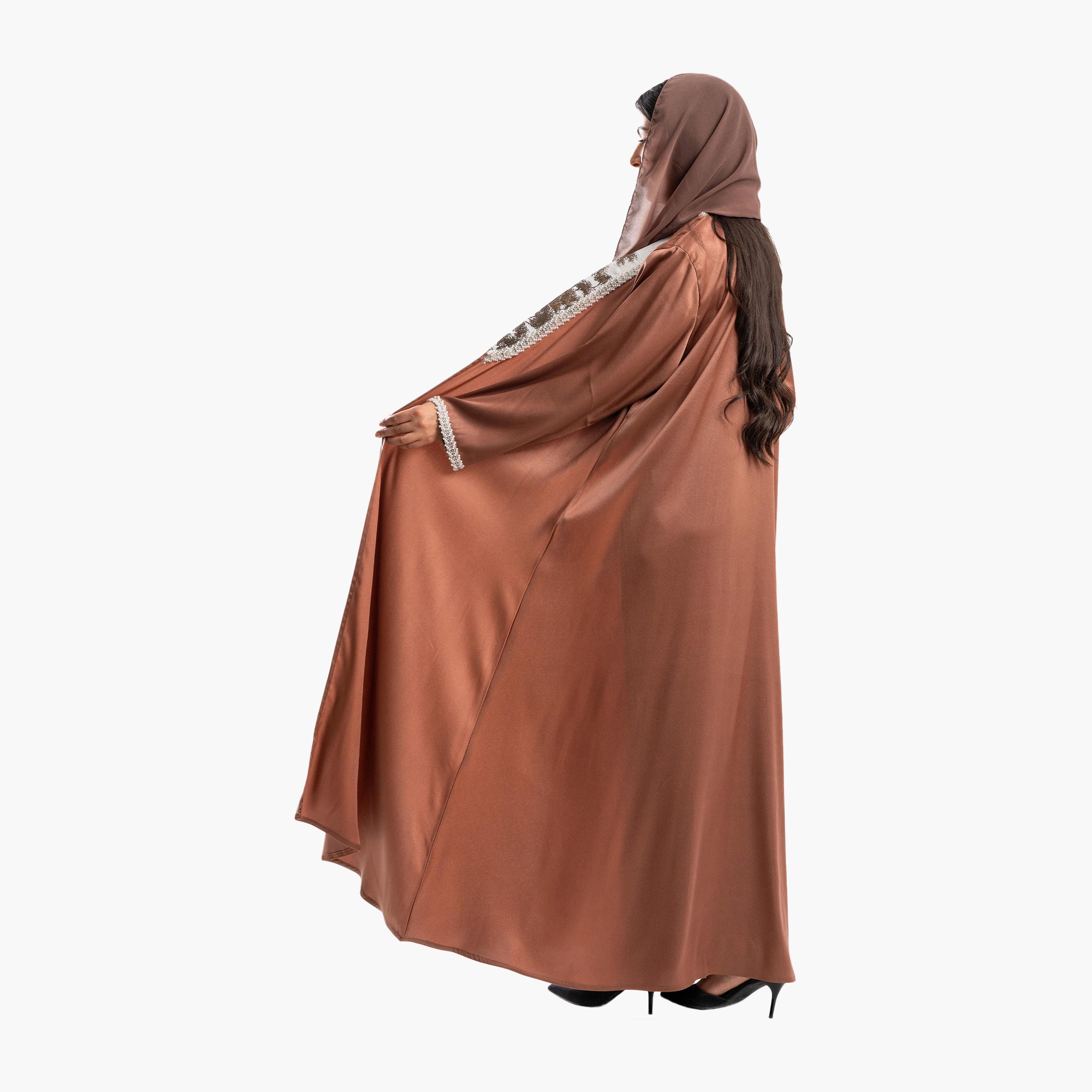 Zahiyh Brown Pearl Detailed Flared Abaya with Hijab-women-arabicclothing-abayas-image-3