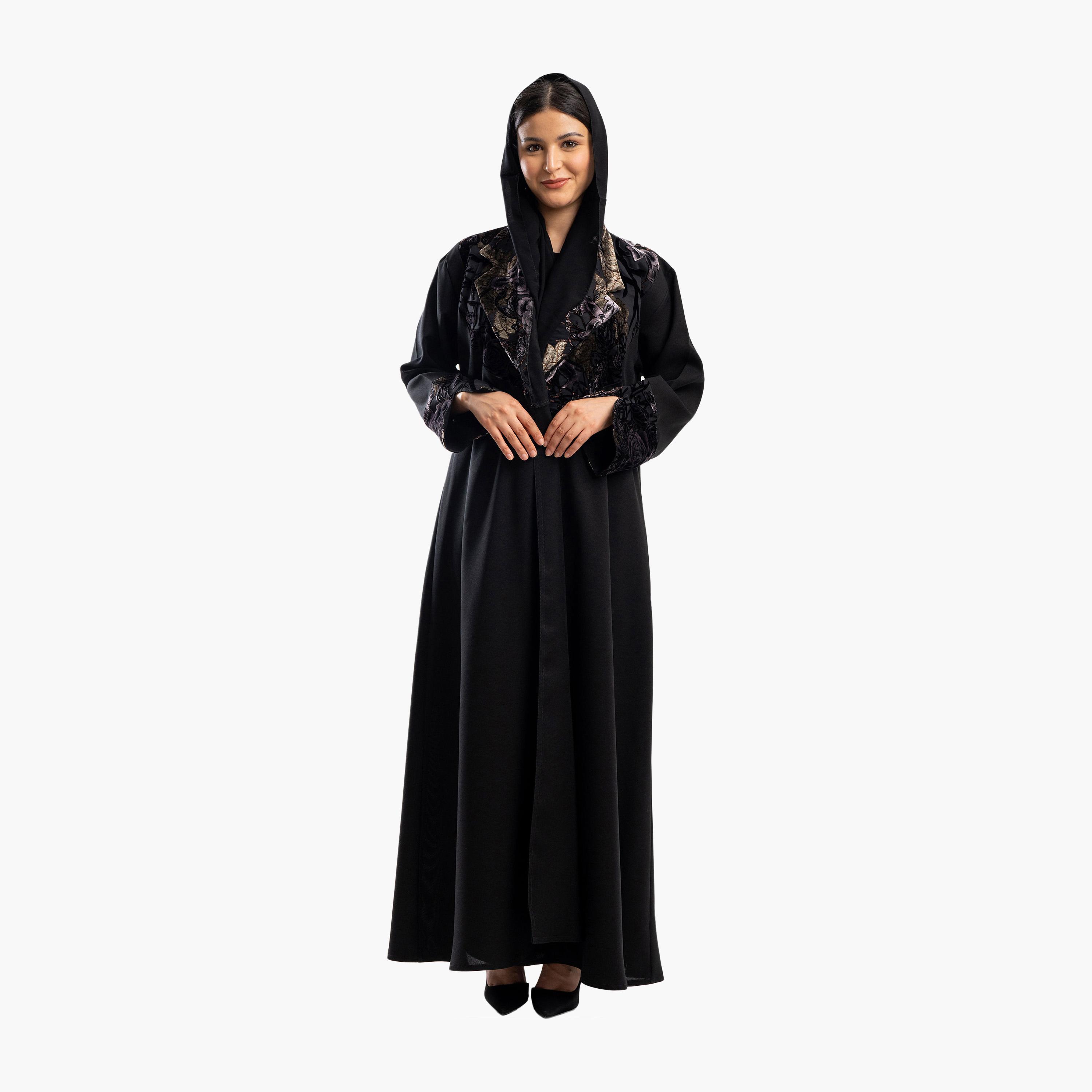 Zahiyh Black Jacquard Lapel Collar Formal Abaya with Hijab-women-arabicclothing-abayas-image-1