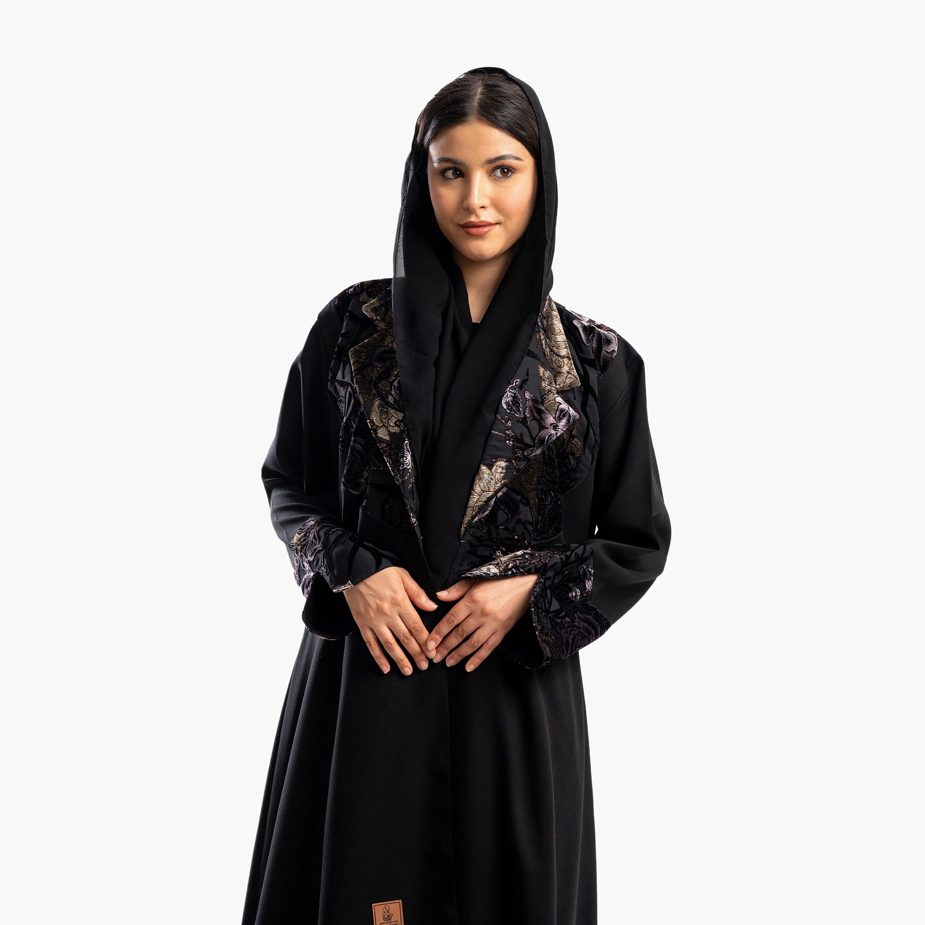 Zahiyh Black Jacquard Lapel Collar Formal Abaya with Hijab-women-arabicclothing-abayas-image-2