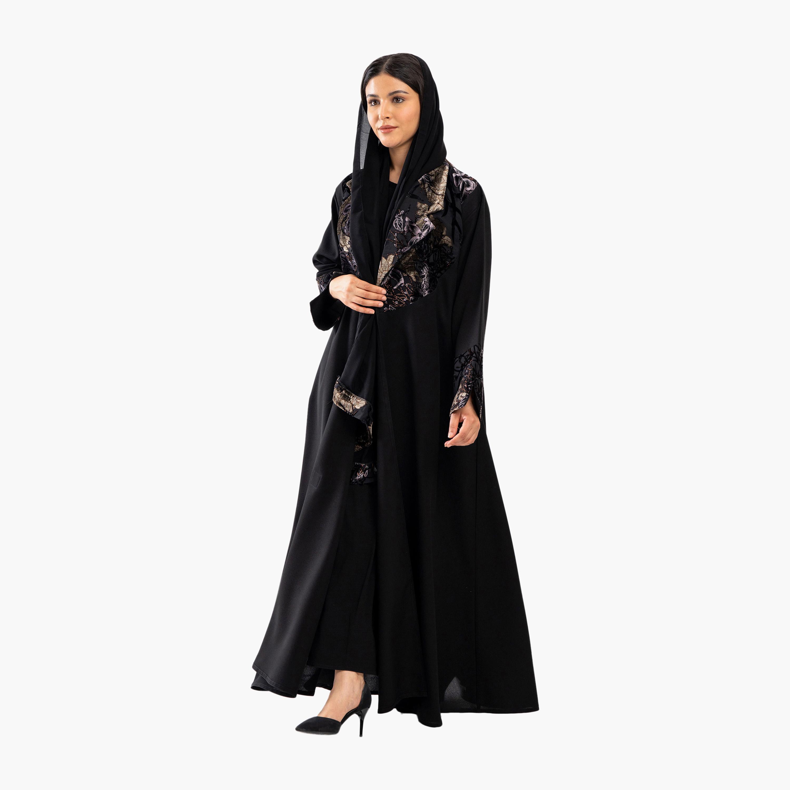 Zahiyh Black Jacquard Lapel Collar Formal Abaya with Hijab-women-arabicclothing-abayas-image-3