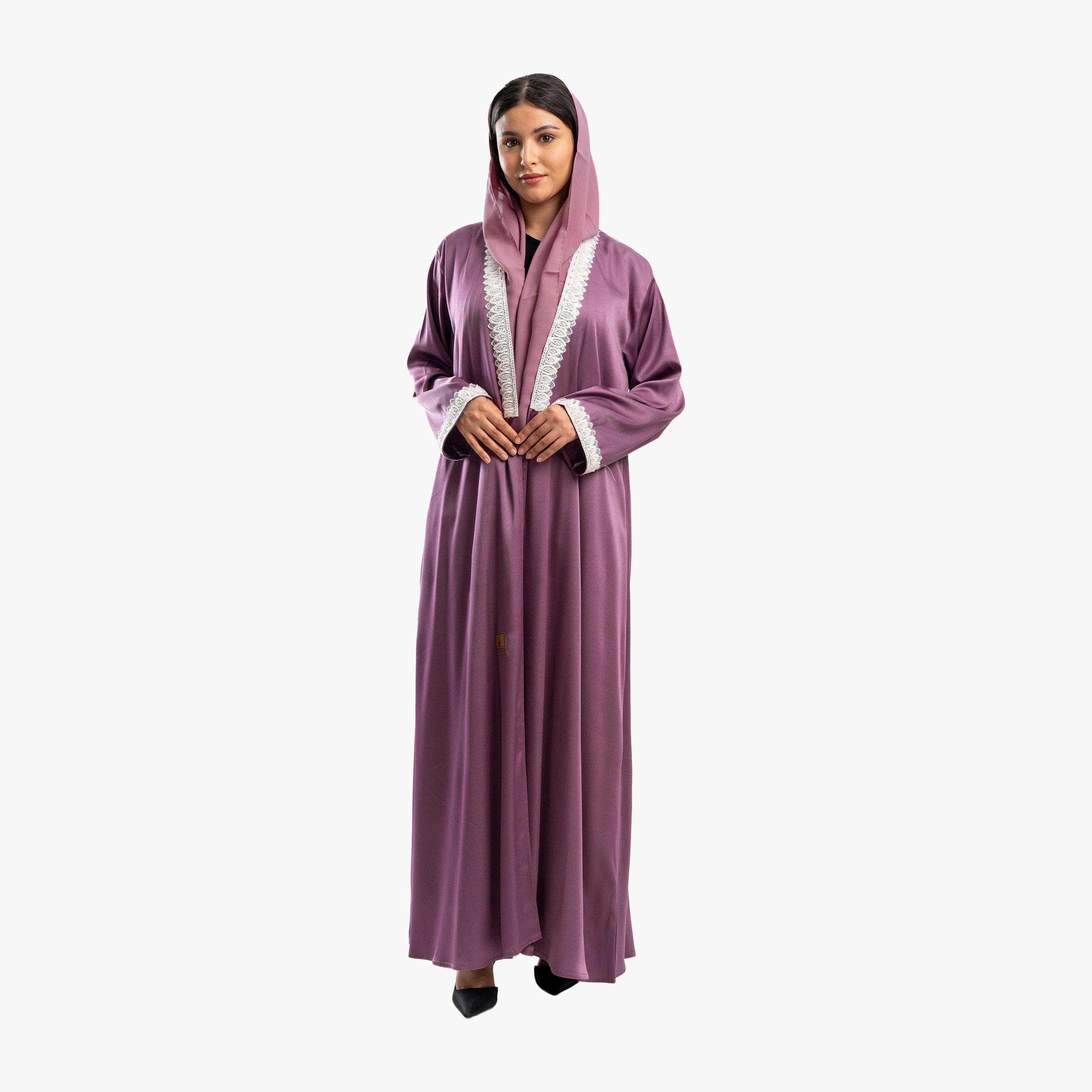 Zahiyh Purple Lace Detailed Abaya with Hijab-women-arabicclothing-abayas-image-1