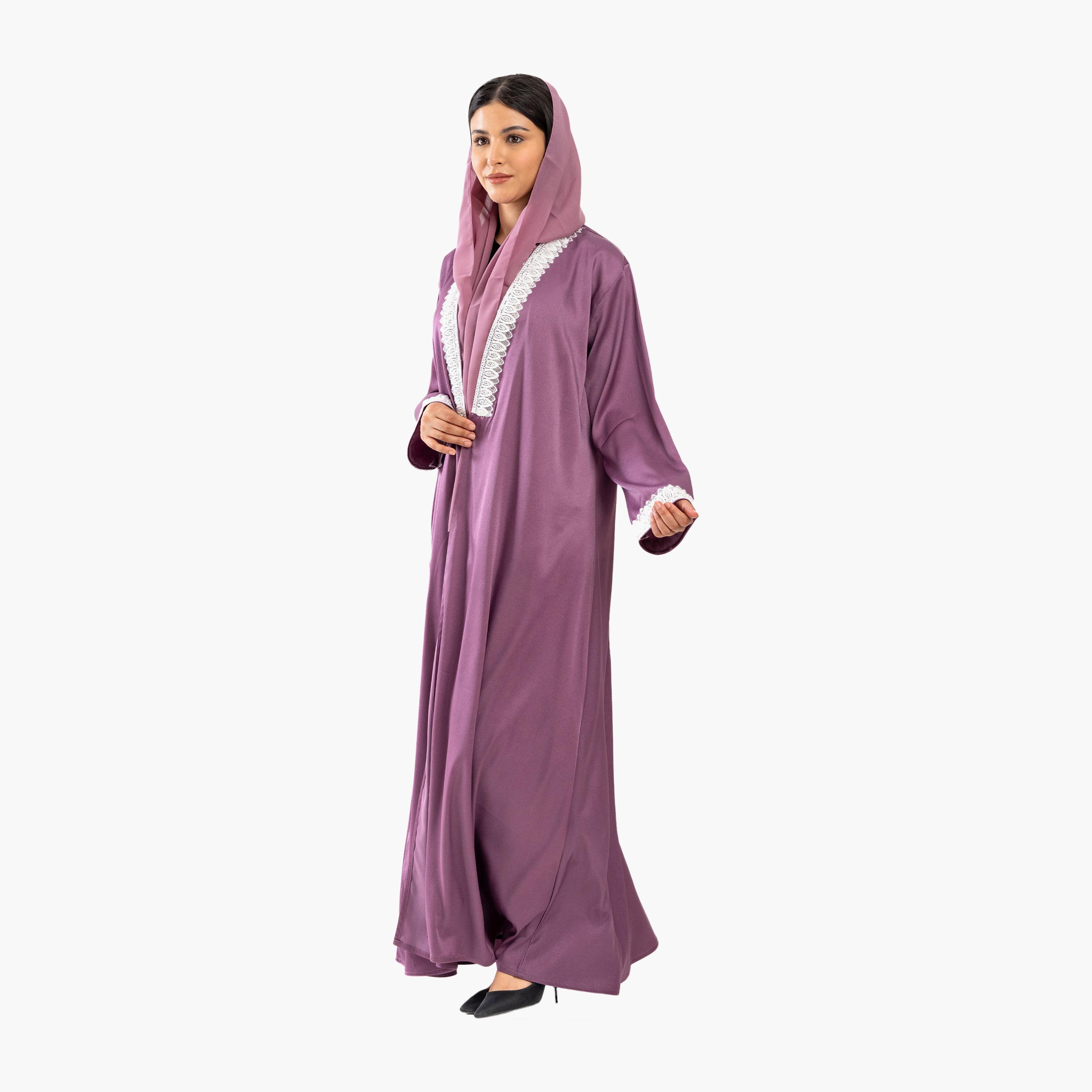 Zahiyh Purple Lace Detailed Abaya with Hijab-women-arabicclothing-abayas-image-2