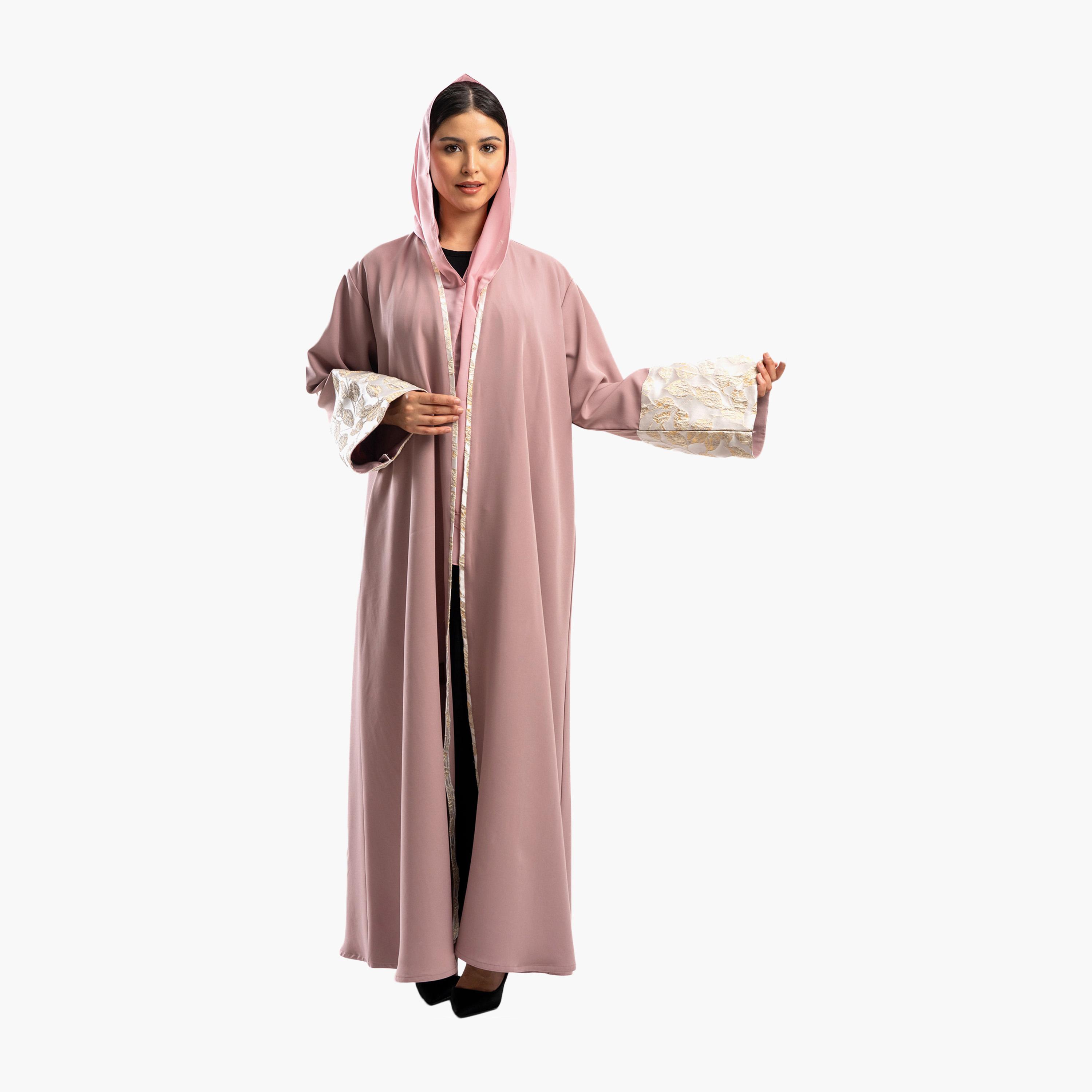 Zahiyh Pink Leaf Wide Sleeves Abaya with Hijab-women-arabicclothing-abayas-image-1