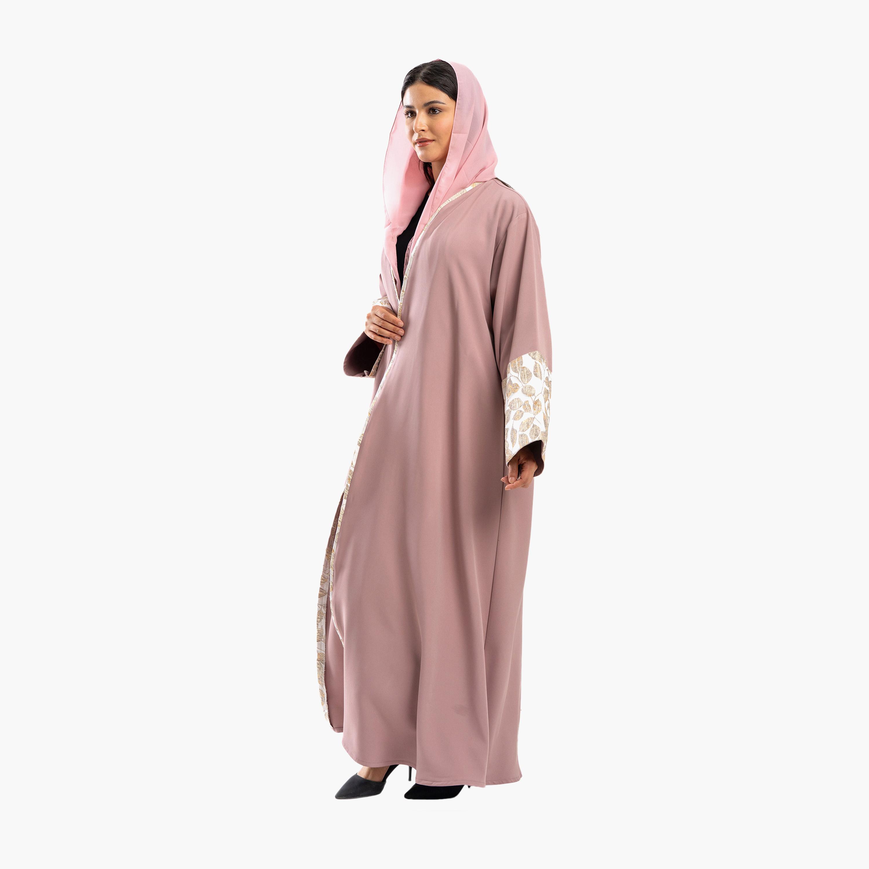 Zahiyh Pink Leaf Wide Sleeves Abaya with Hijab-women-arabicclothing-abayas-image-2