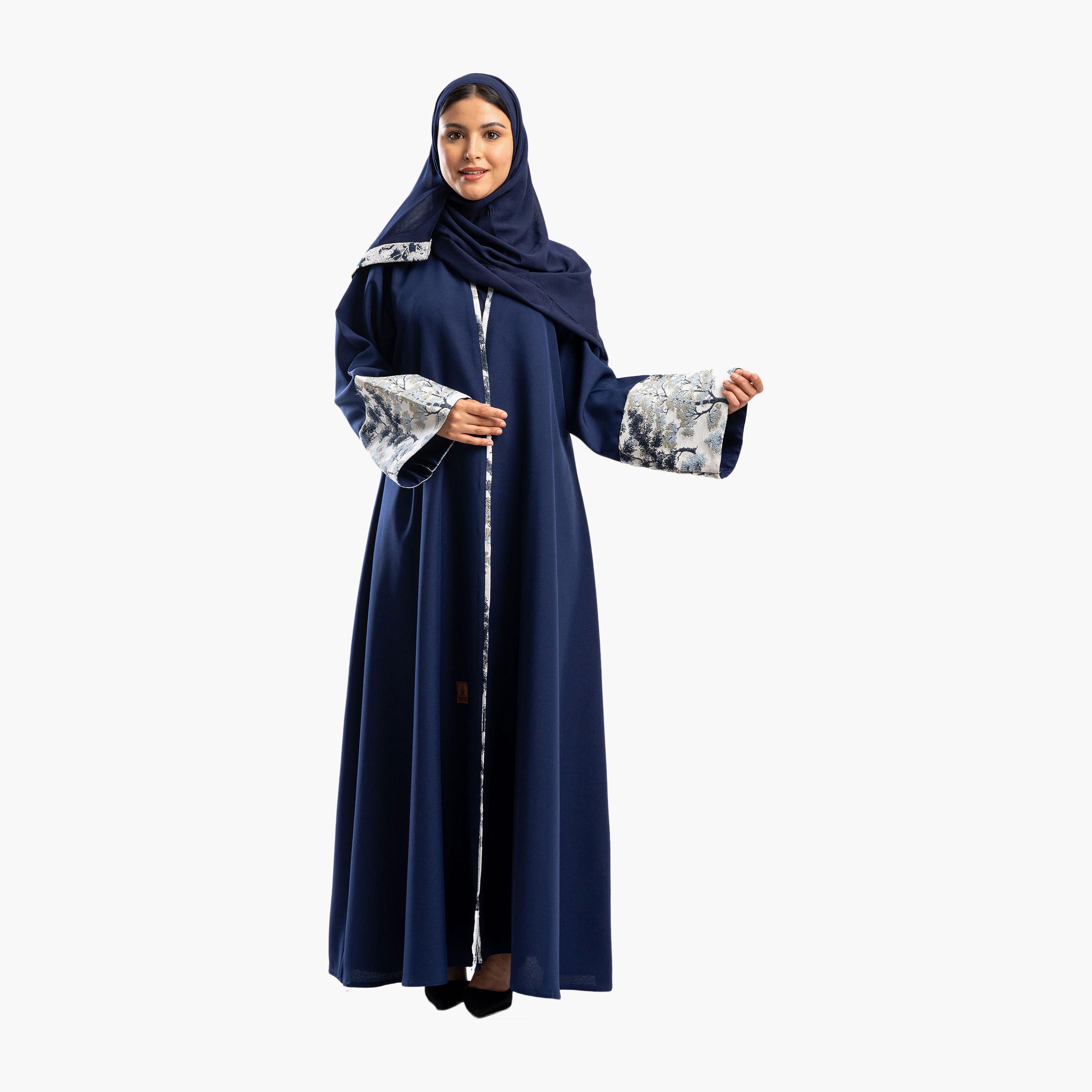 Zahiyh Blue Dual Tone Jacquard Sleeves Flared Abaya with Hijab-women-arabicclothing-abayas-image-1