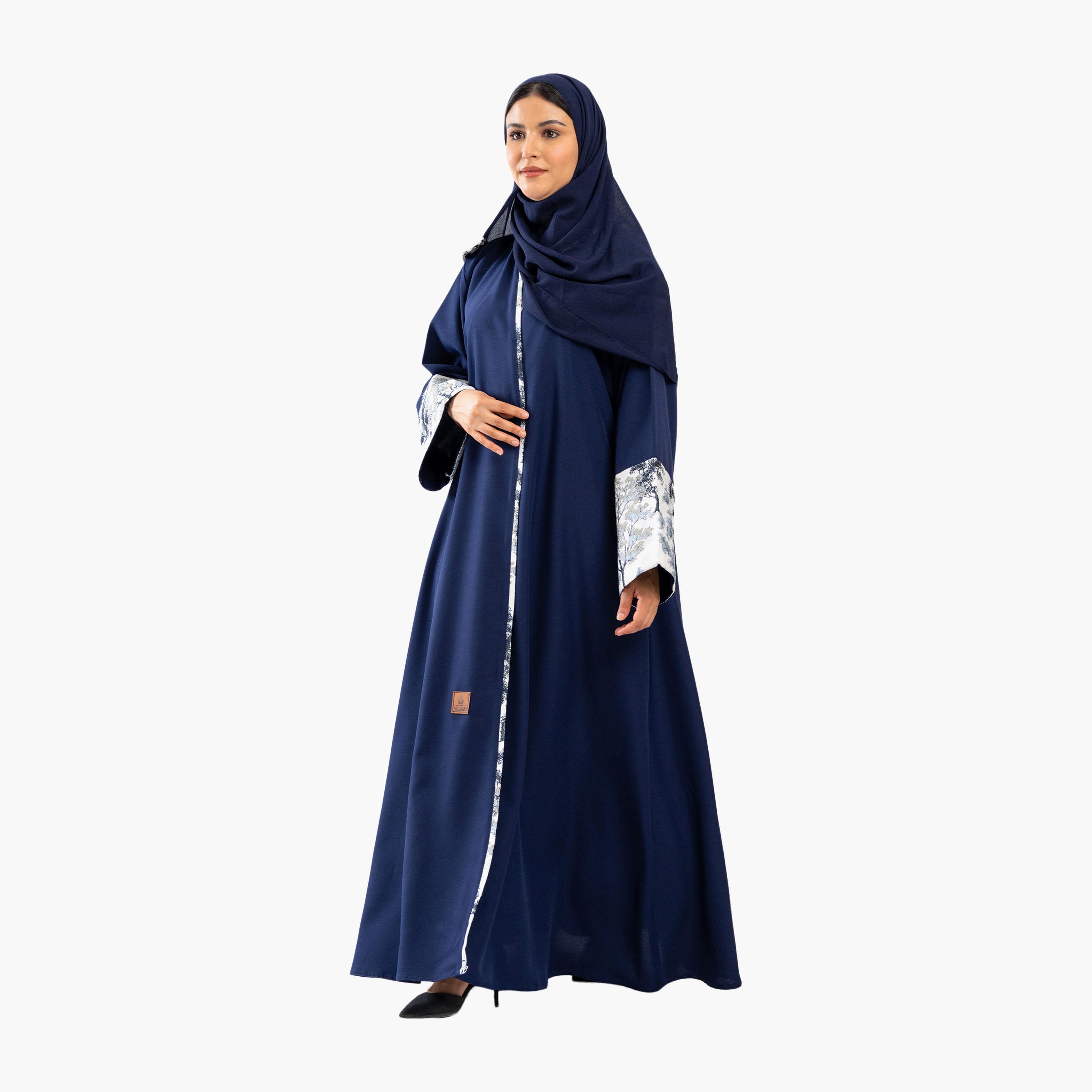 Zahiyh Blue Dual Tone Jacquard Sleeves Flared Abaya with Hijab-women-arabicclothing-abayas-image-2