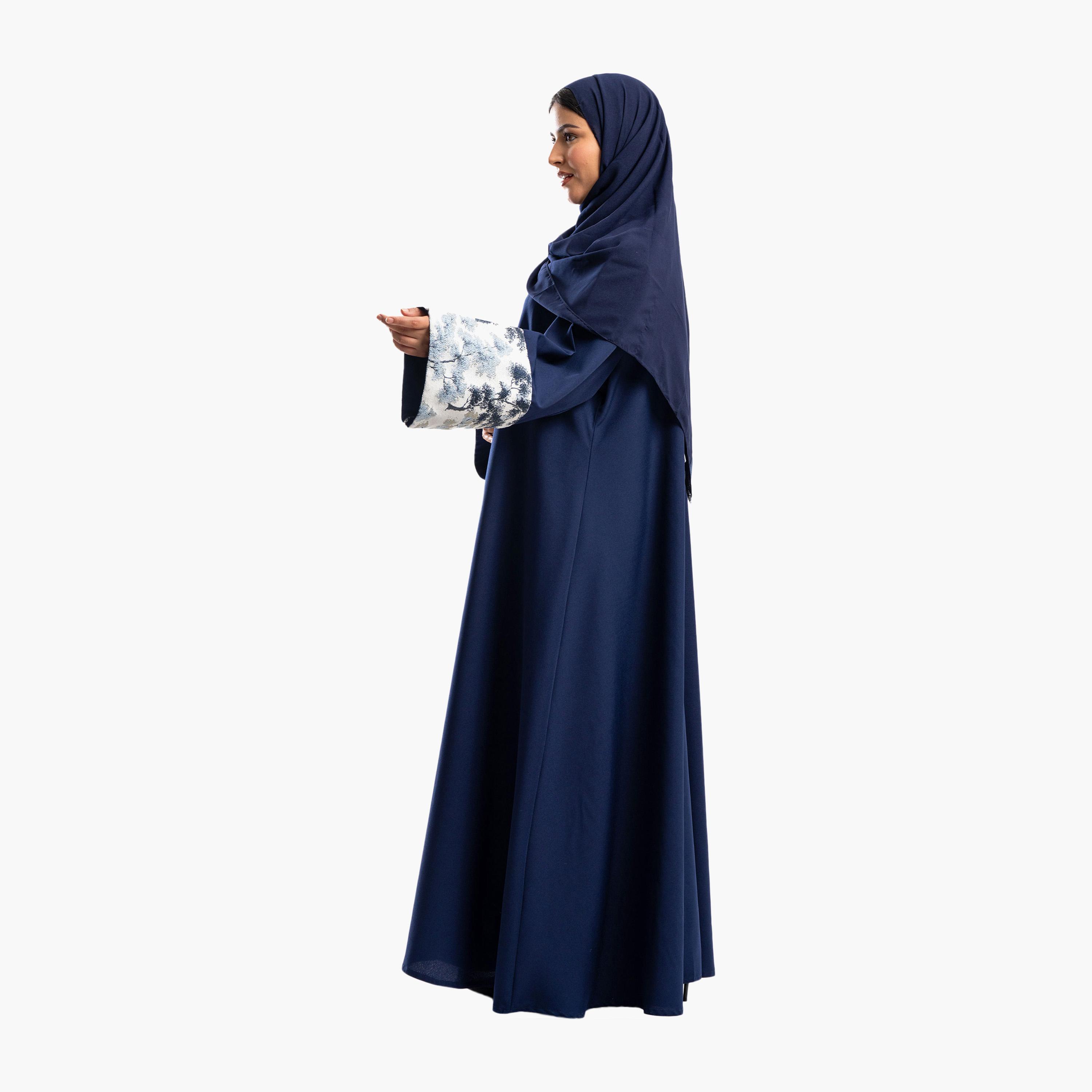 Zahiyh Blue Dual Tone Jacquard Sleeves Flared Abaya with Hijab-women-arabicclothing-abayas-image-3