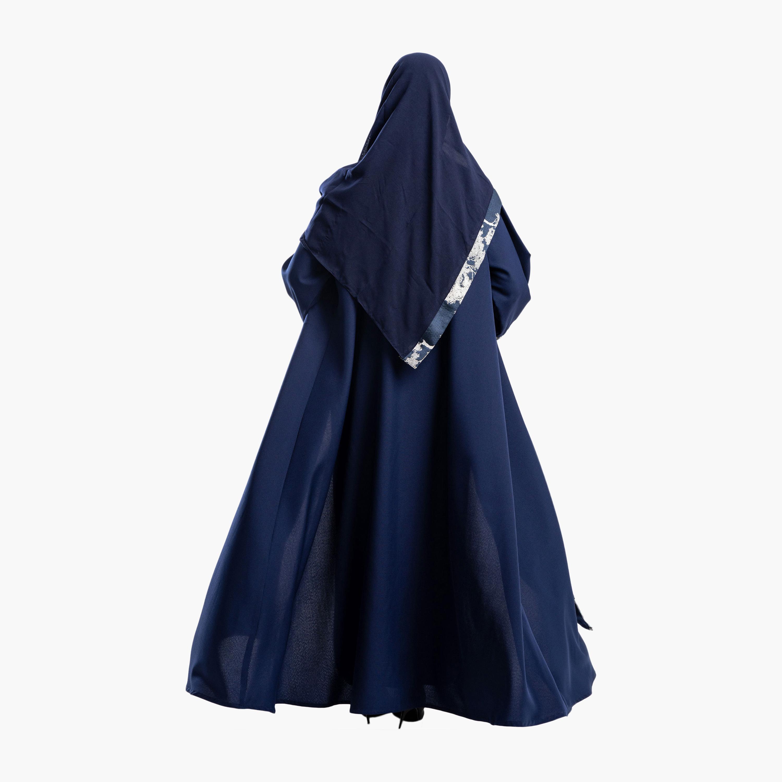 Zahiyh Blue Dual Tone Jacquard Sleeves Flared Abaya with Hijab-women-arabicclothing-abayas-image-4