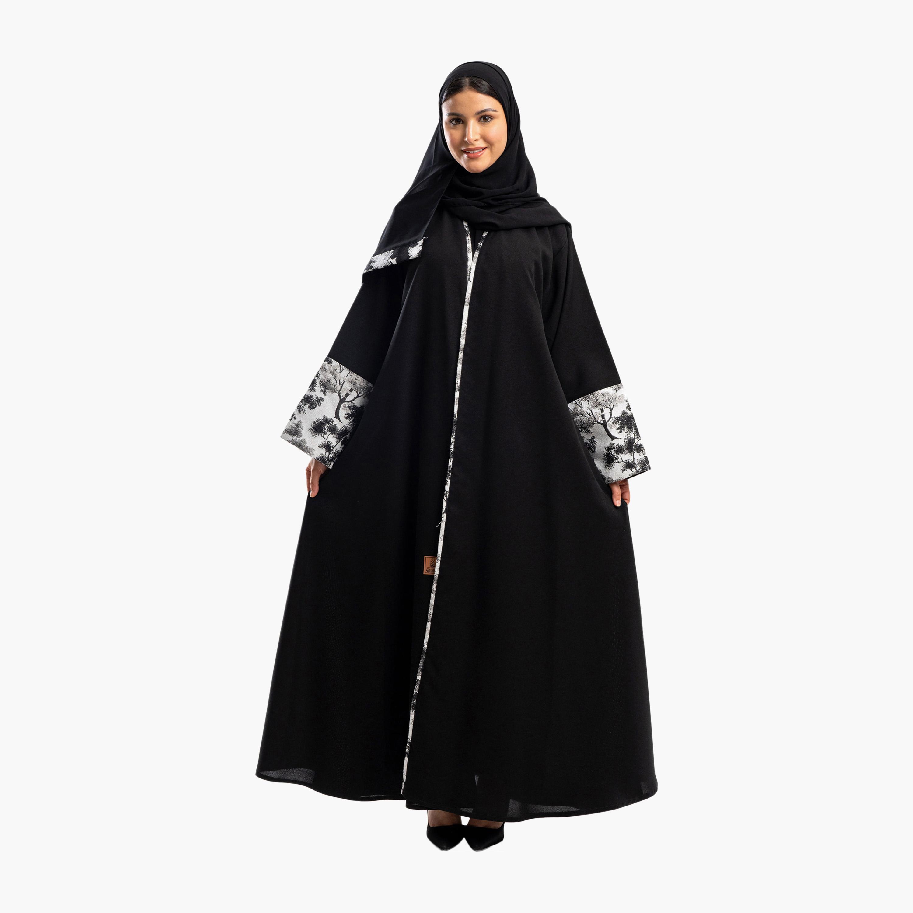 Zahiyh Black Dual Tone Jacquard Sleeves Flared Abaya with Hijab-women-arabicclothing-abayas-image-1