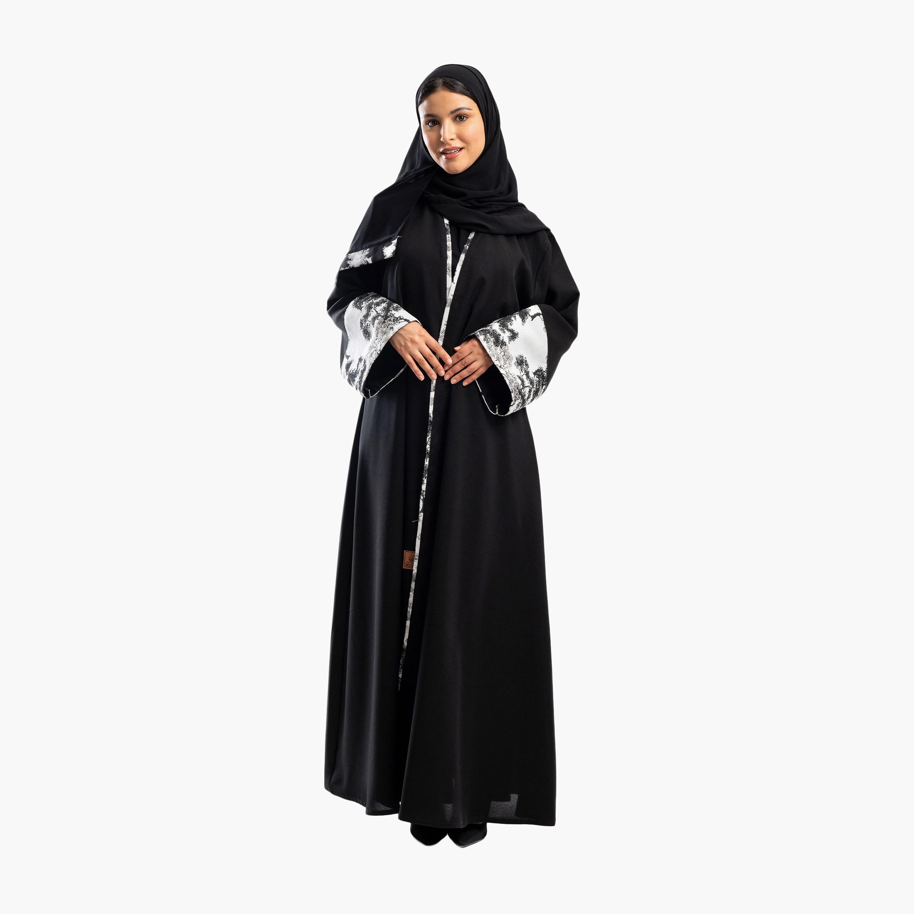 Zahiyh Black Dual Tone Jacquard Sleeves Flared Abaya with Hijab-women-arabicclothing-abayas-image-2