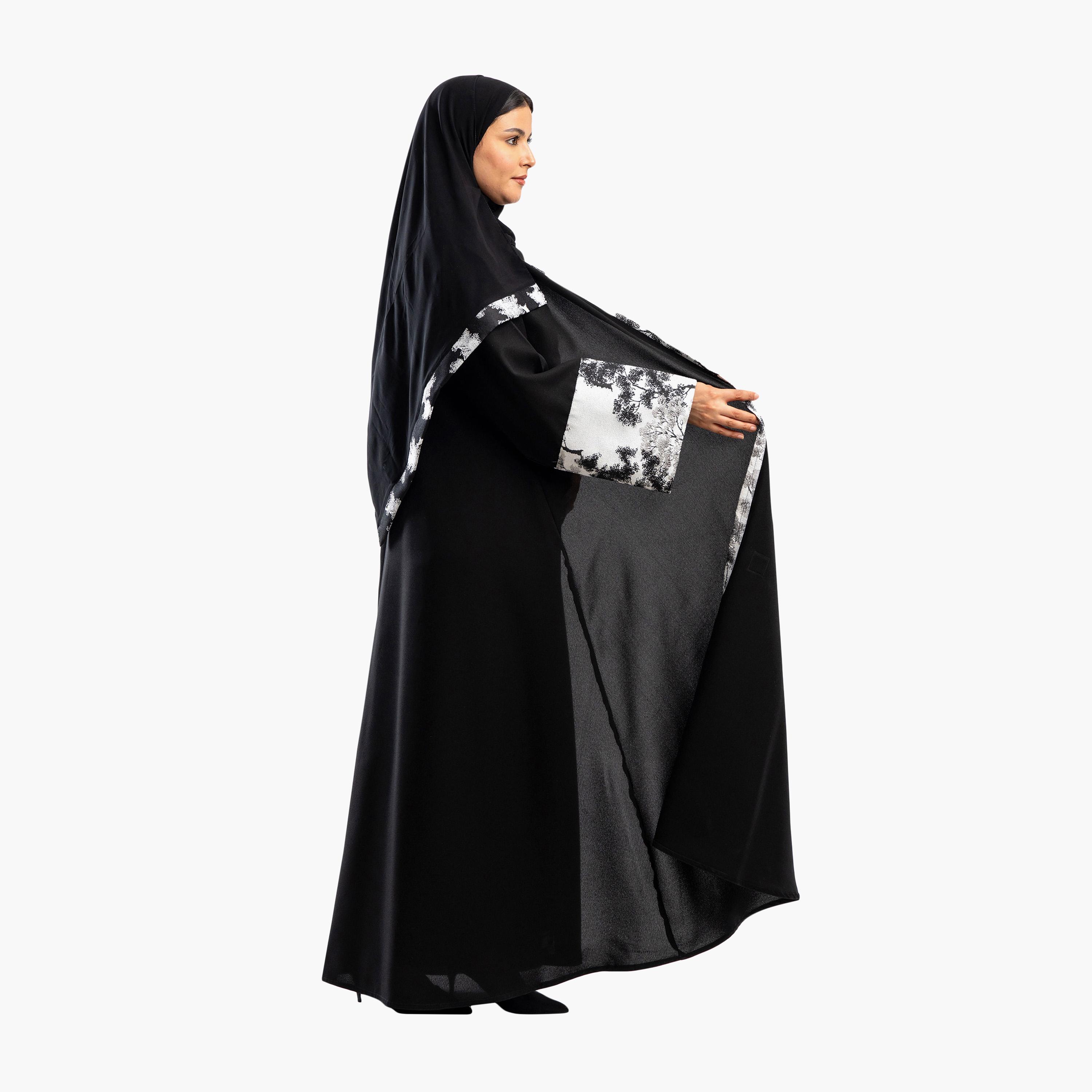 Zahiyh Black Dual Tone Jacquard Sleeves Flared Abaya with Hijab-women-arabicclothing-abayas-image-3