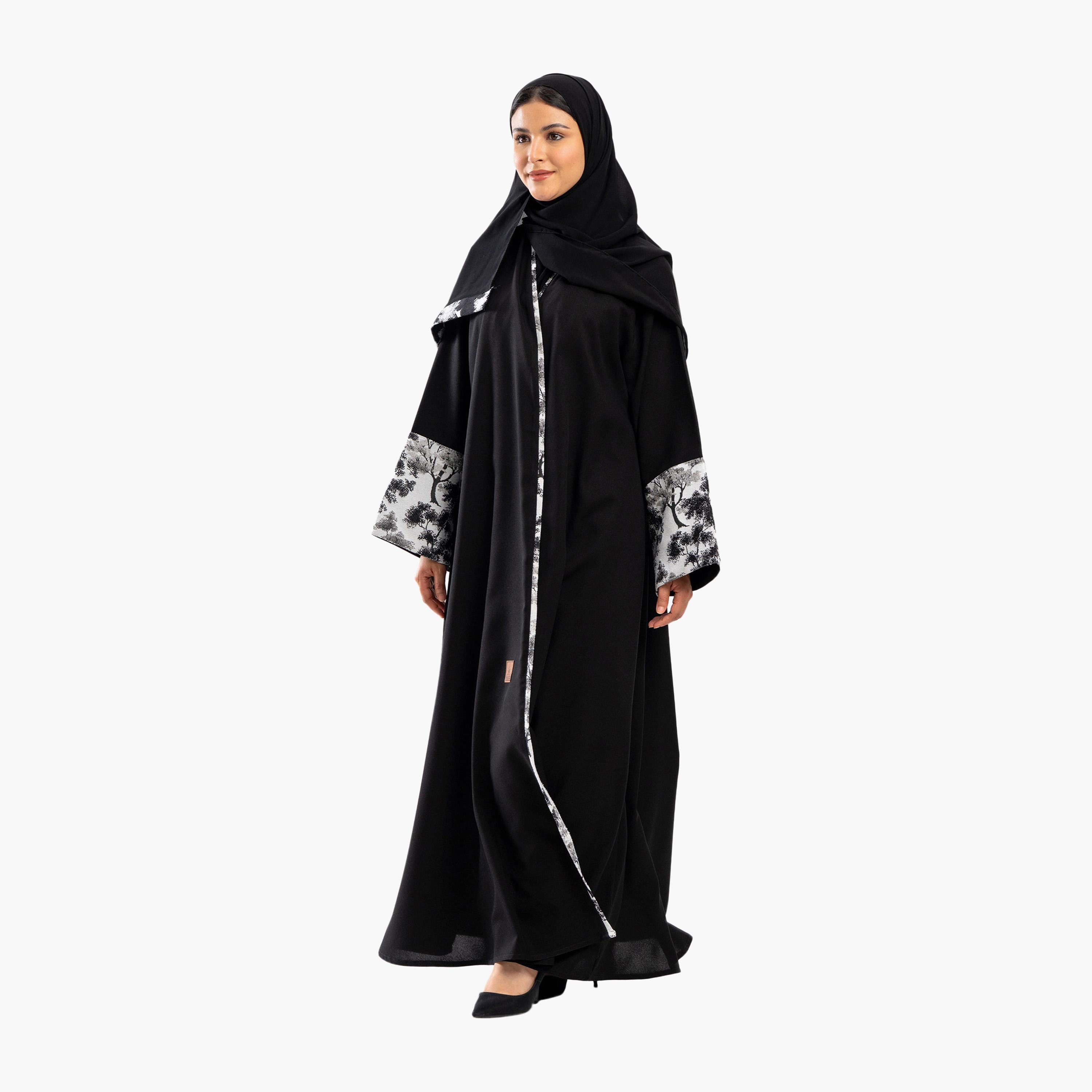 Zahiyh Black Dual Tone Jacquard Sleeves Flared Abaya with Hijab-women-arabicclothing-abayas-image-4