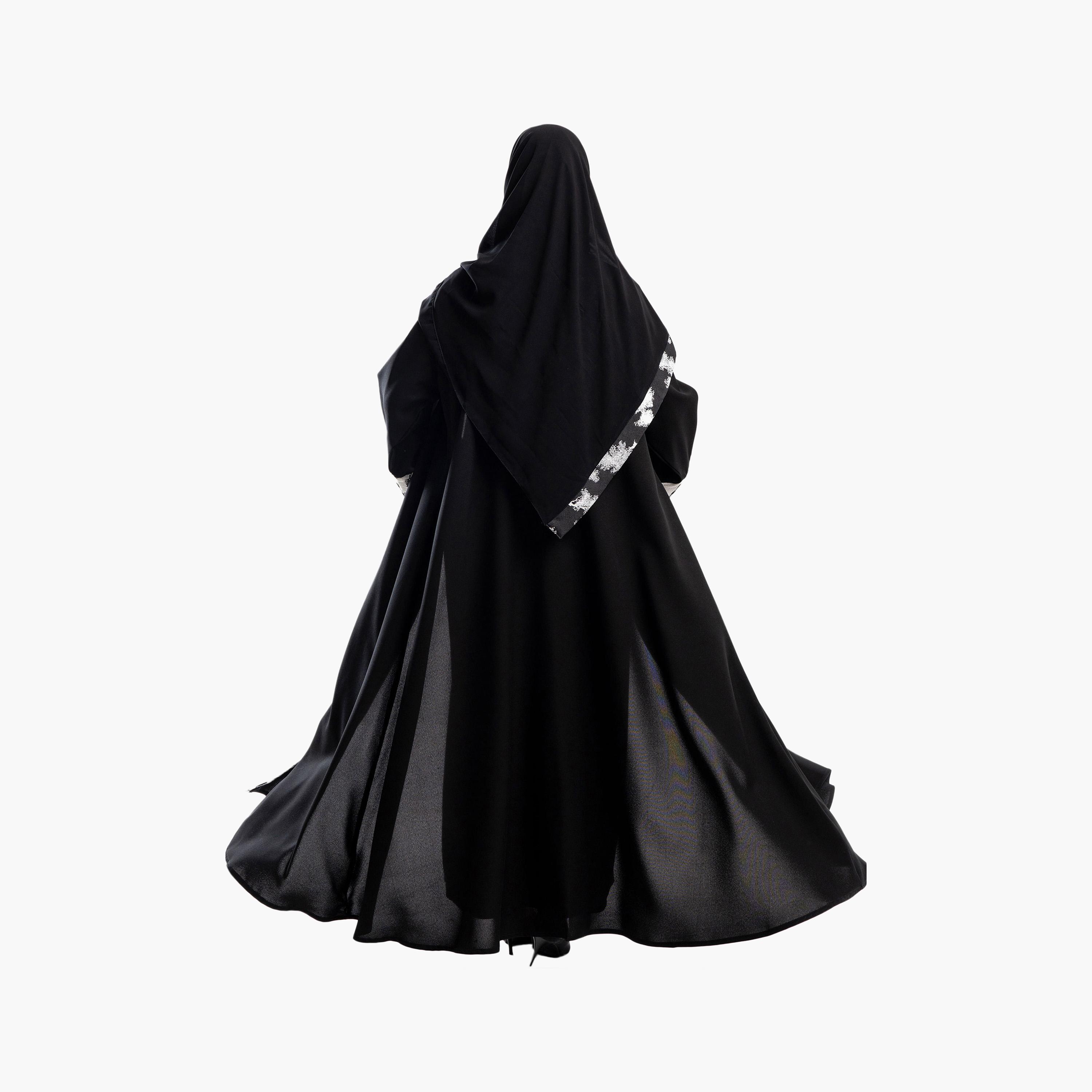 Zahiyh Black Dual Tone Jacquard Sleeves Flared Abaya with Hijab-women-arabicclothing-abayas-image-5