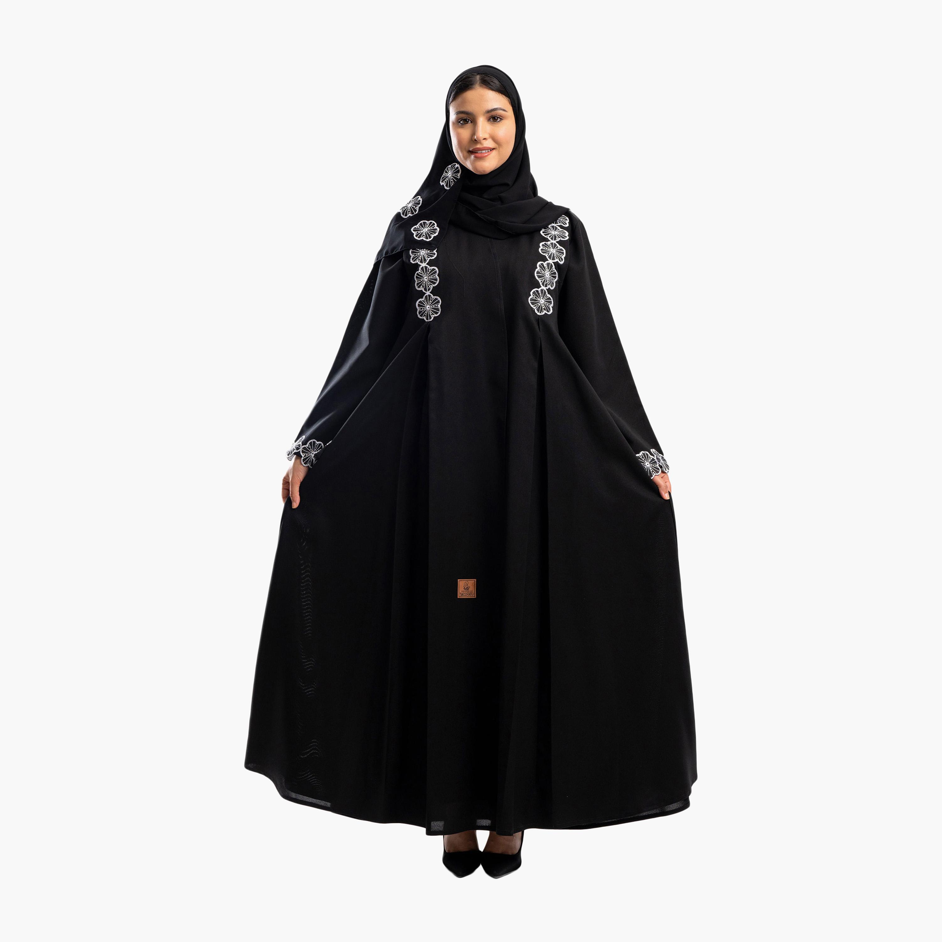 Zahiyh Black Embroided Floral Flared Abaya with Hijab-women-arabicclothing-abayas-image-1