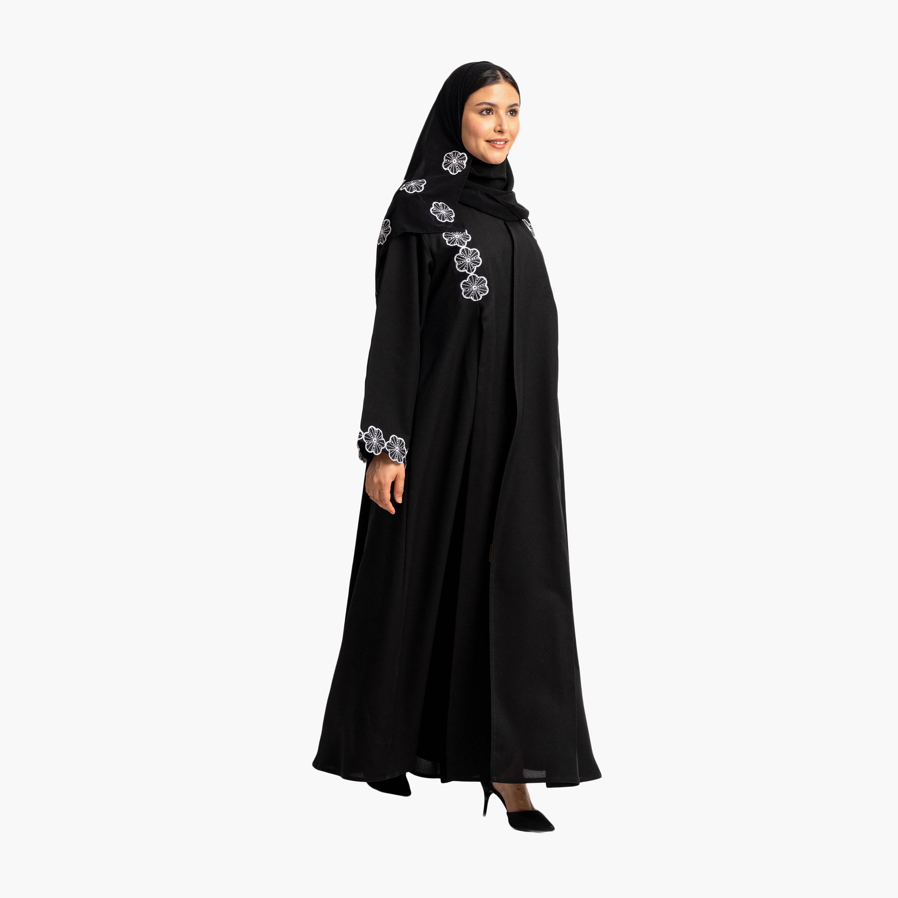 Zahiyh Black Embroided Floral Flared Abaya with Hijab-women-arabicclothing-abayas-image-2