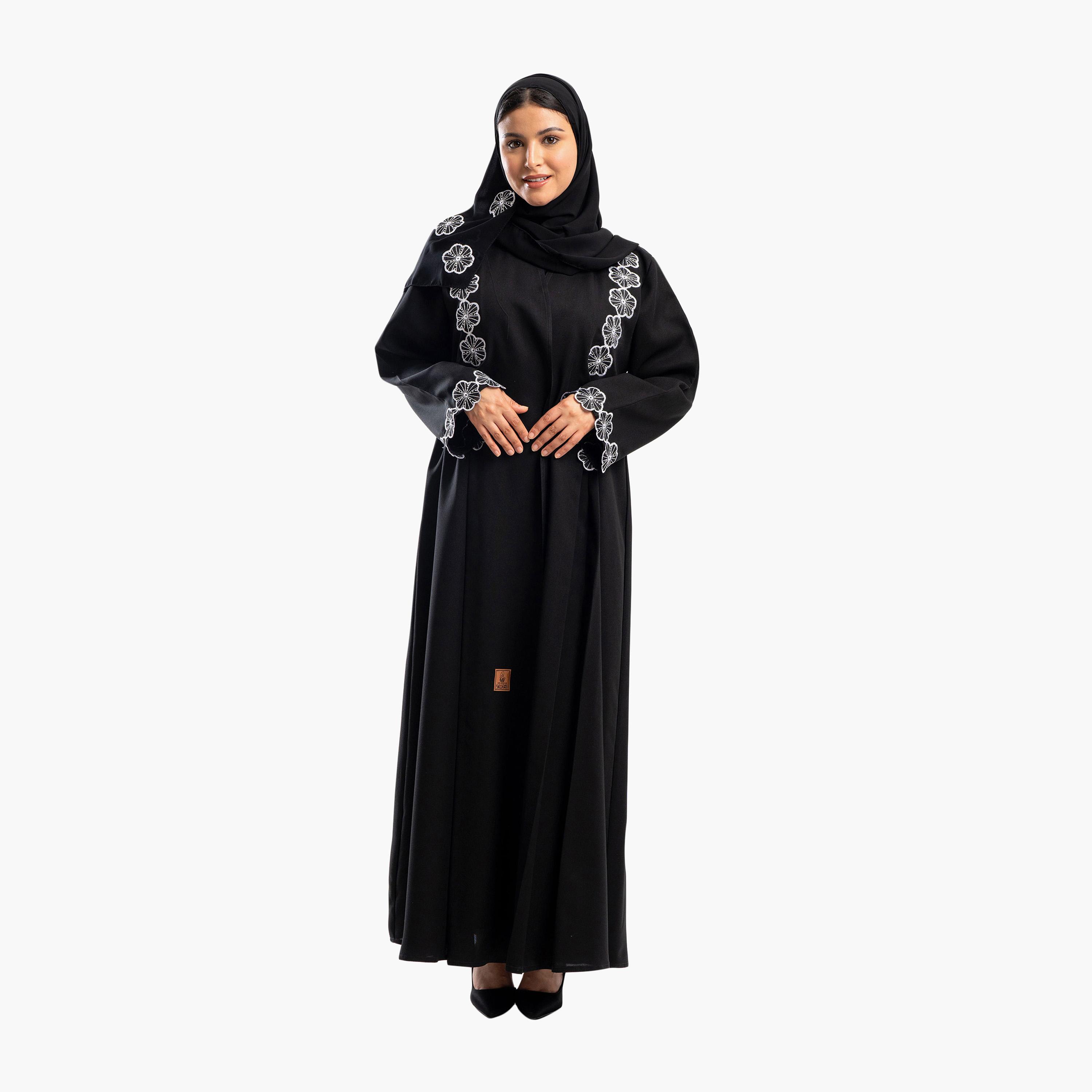Zahiyh Black Embroided Floral Flared Abaya with Hijab-women-arabicclothing-abayas-image-3