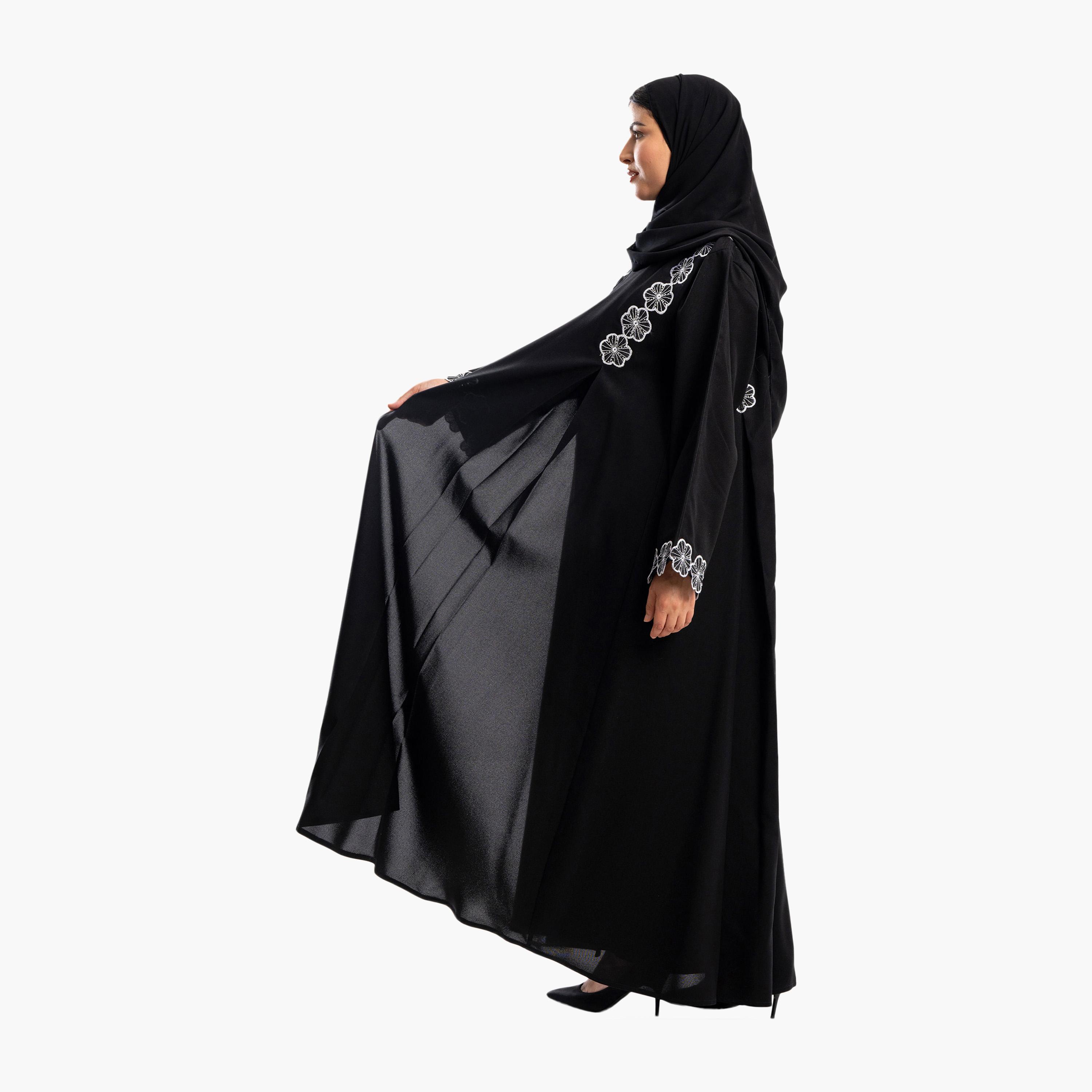 Zahiyh Black Embroided Floral Flared Abaya with Hijab-women-arabicclothing-abayas-image-4