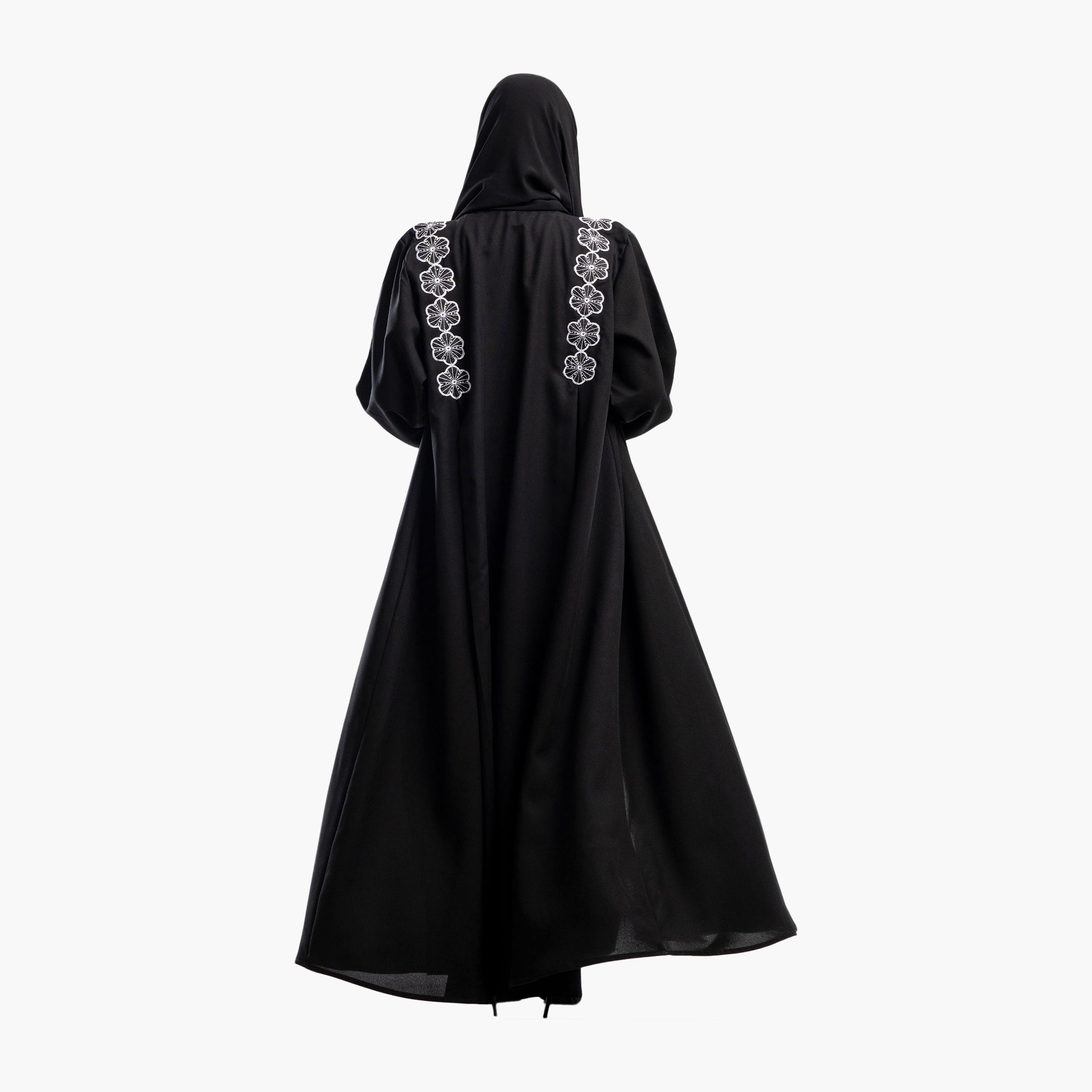 Zahiyh Black Embroided Floral Flared Abaya with Hijab-women-arabicclothing-abayas-image-5