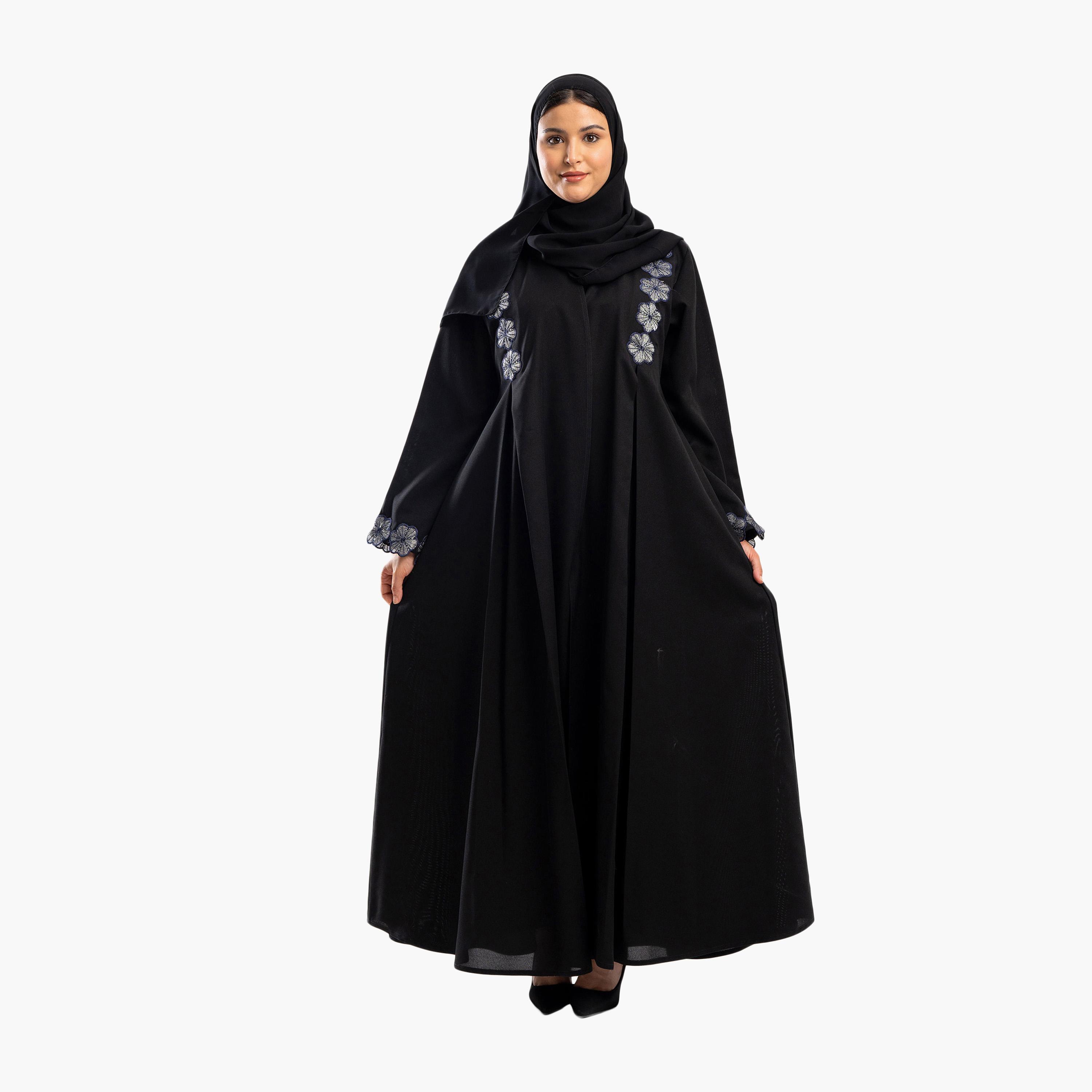 Zahiyh Black Embroided Floral Flared Abaya with Hijab-women-arabicclothing-abayas-image-1