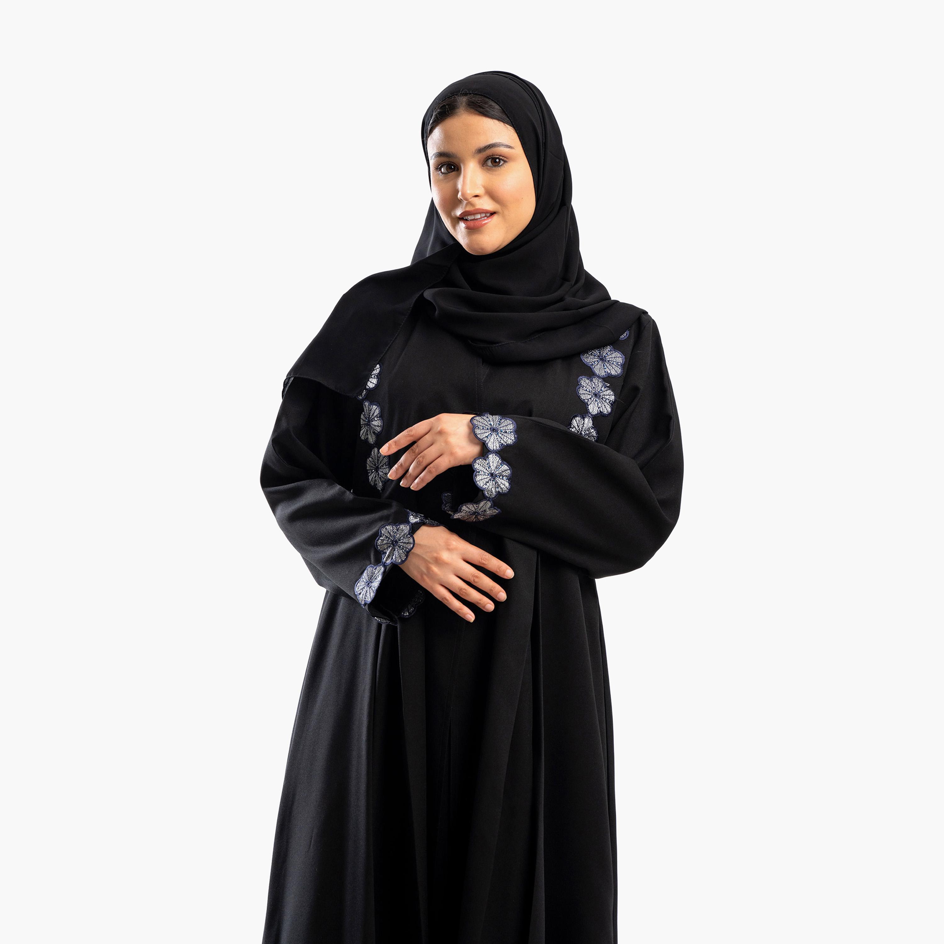 Zahiyh Black Embroided Floral Flared Abaya with Hijab-women-arabicclothing-abayas-image-2