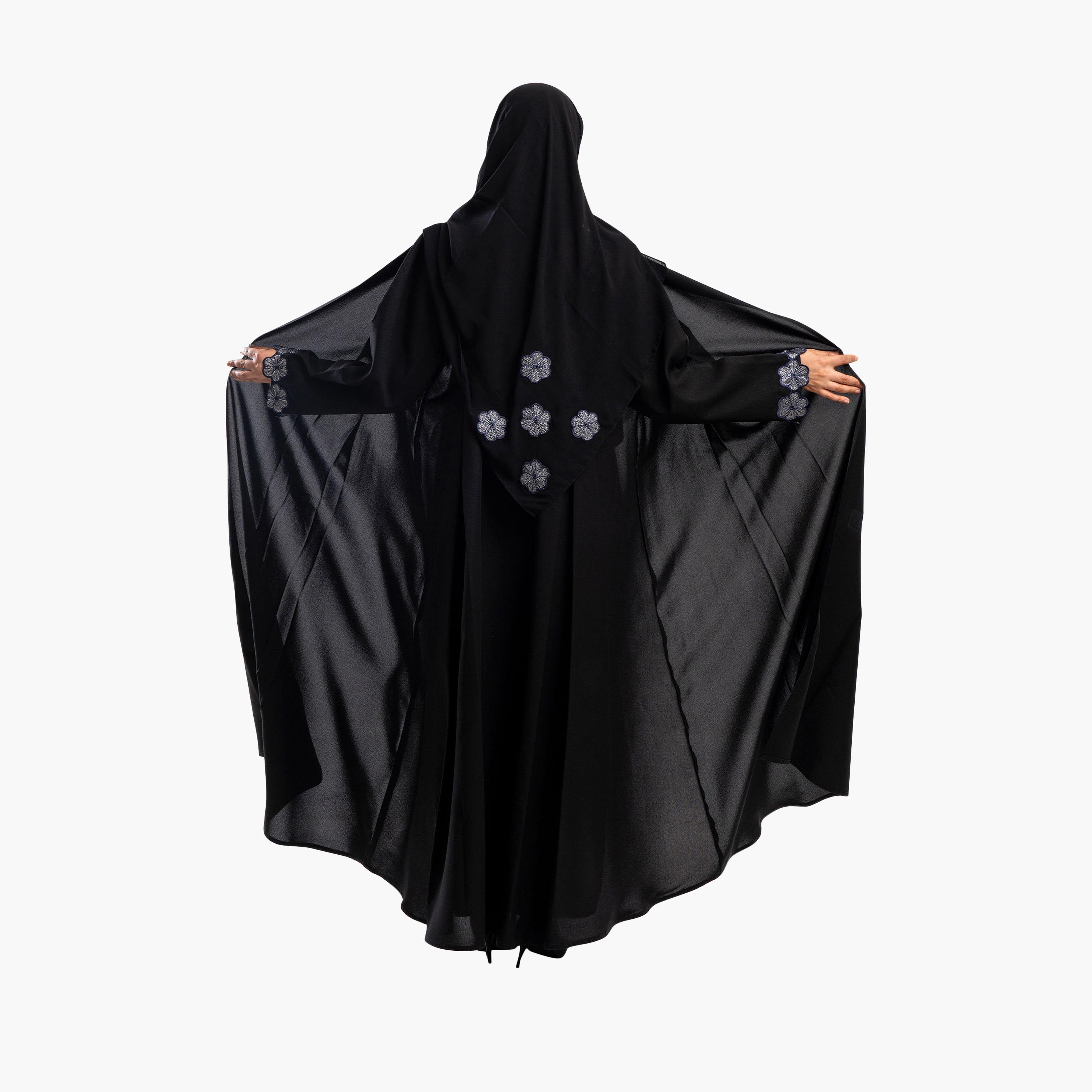 Zahiyh Black Embroided Floral Flared Abaya with Hijab-women-arabicclothing-abayas-image-3