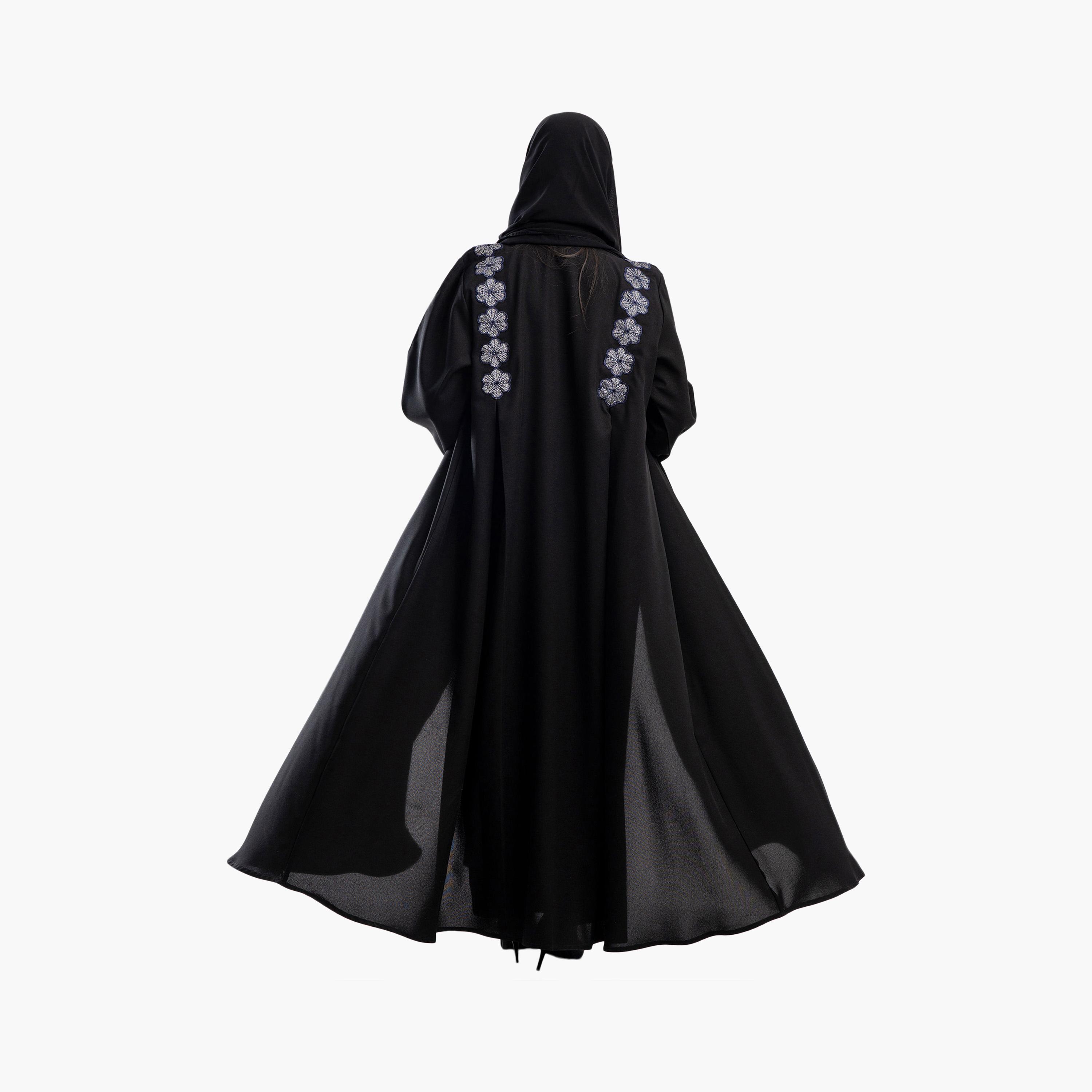 Zahiyh Black Embroided Floral Flared Abaya with Hijab-women-arabicclothing-abayas-image-4