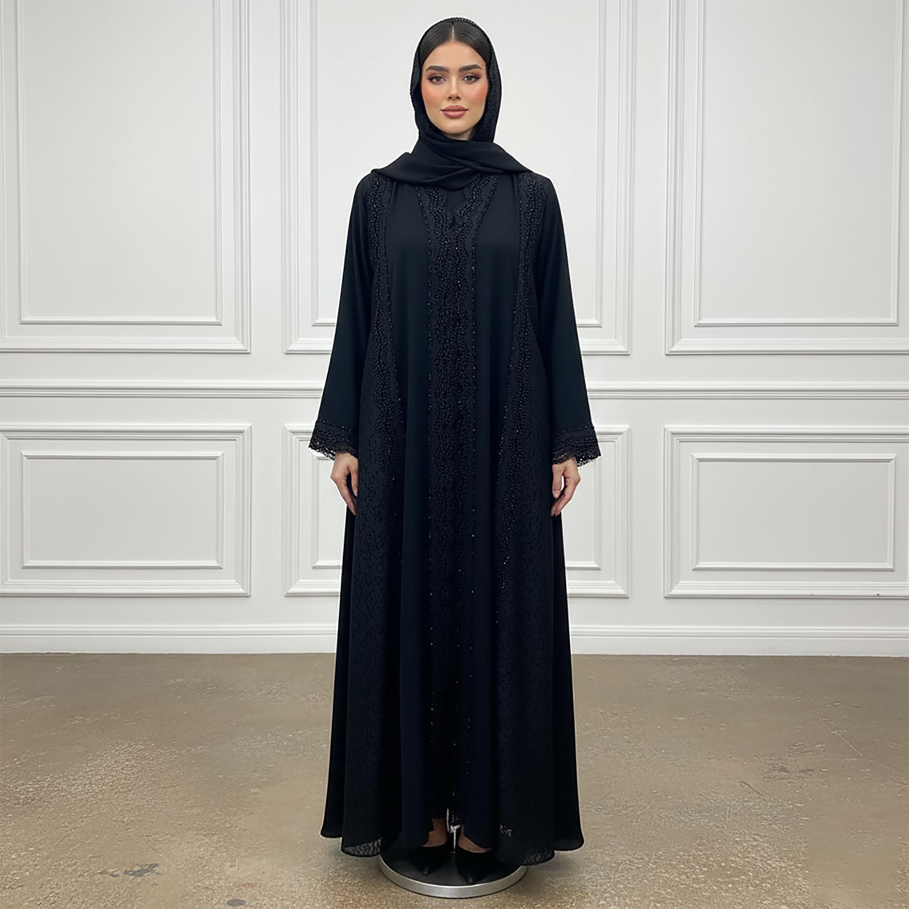 Nukhbaa Black Lace Panelled Chiffon & Nida Women's Abaya with Hijab-women-arabicclothing-abayas-image-1