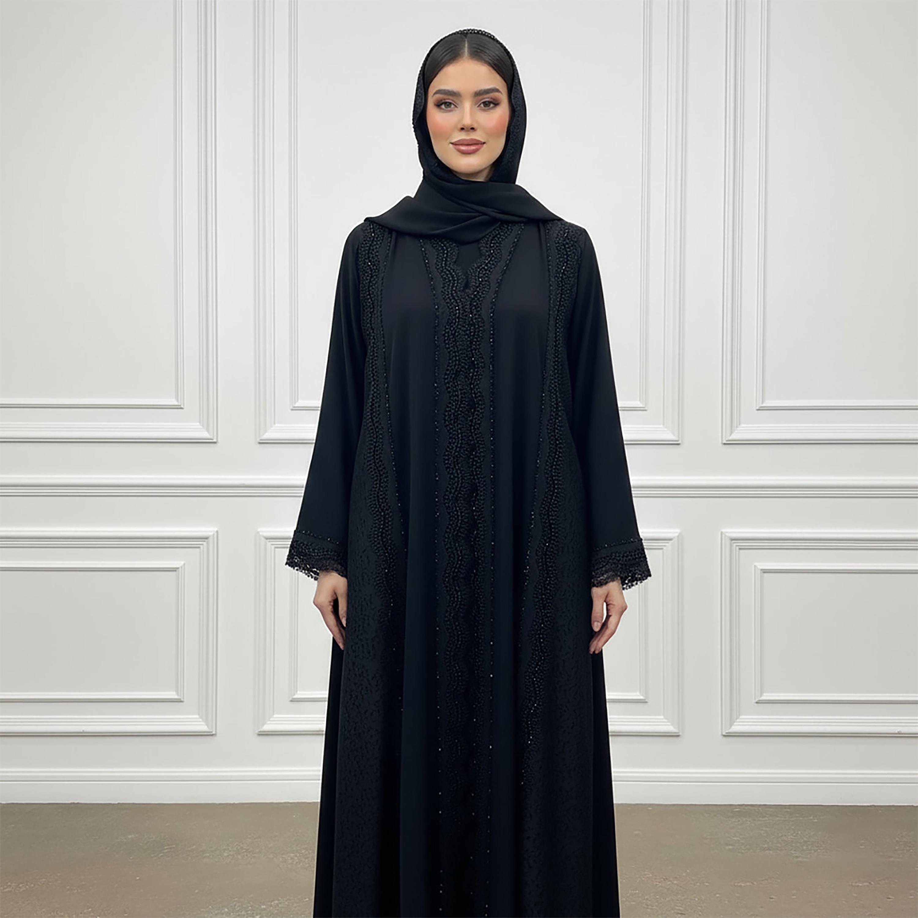 Nukhbaa Black Lace Panelled Chiffon & Nida Women's Abaya with Hijab-women-arabicclothing-abayas-image-2