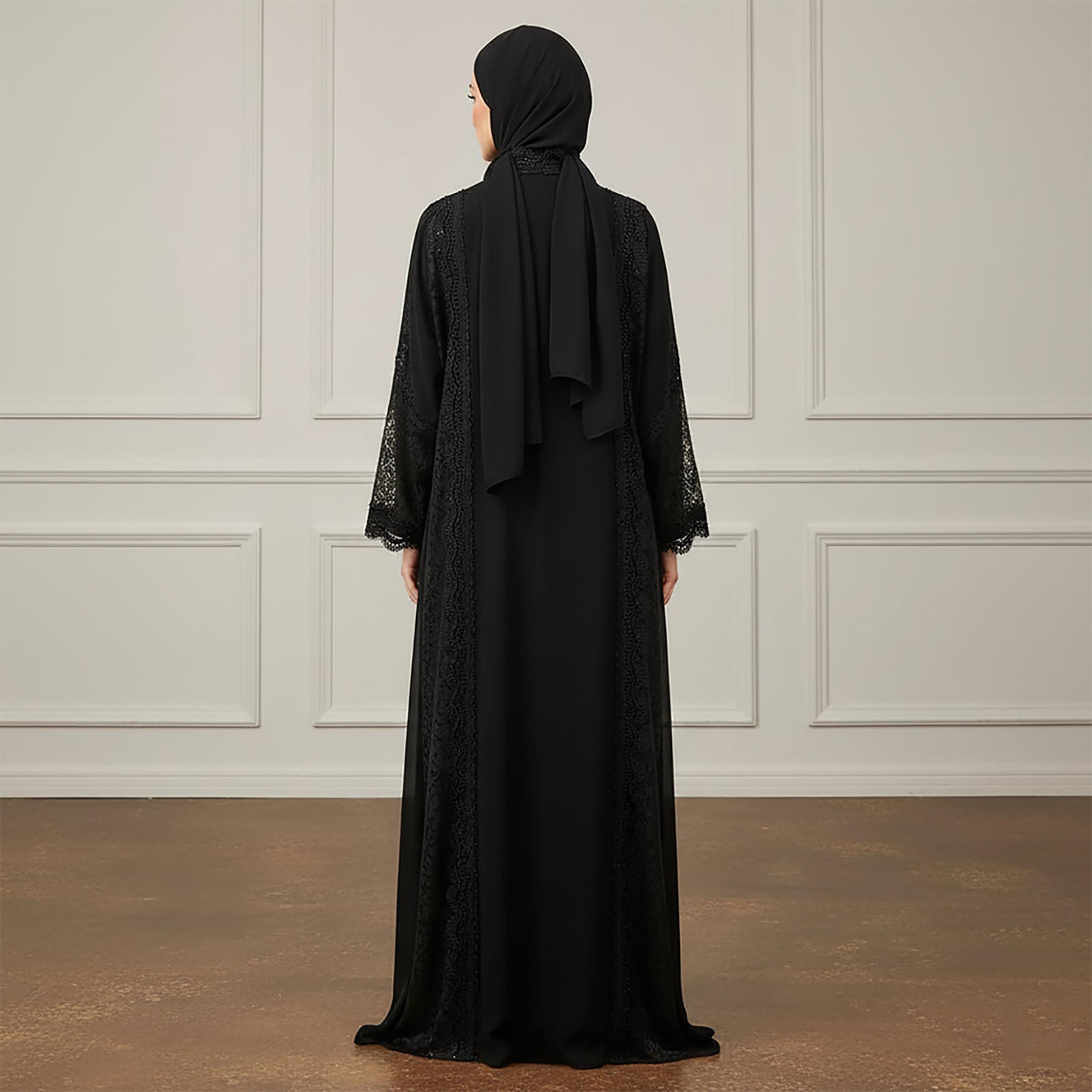 Nukhbaa Black Lace Panelled Chiffon & Nida Women's Abaya with Hijab-women-arabicclothing-abayas-image-3