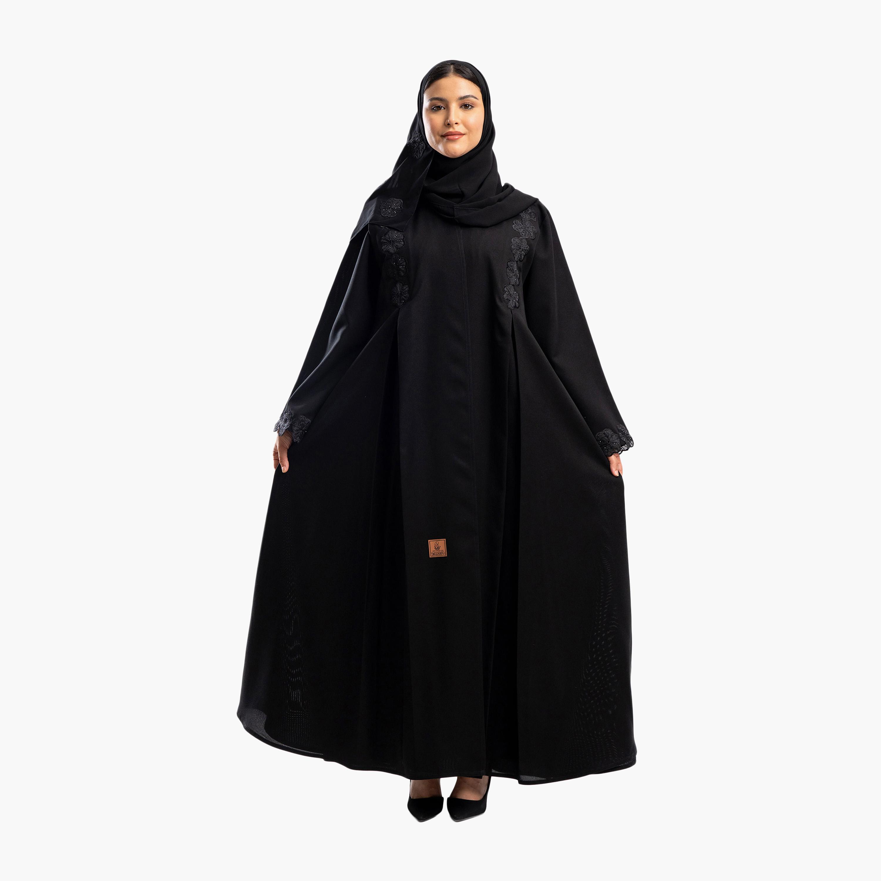 Zahiyh Black Embroided Floral Flared Abaya with Hijab-women-arabicclothing-abayas-image-1
